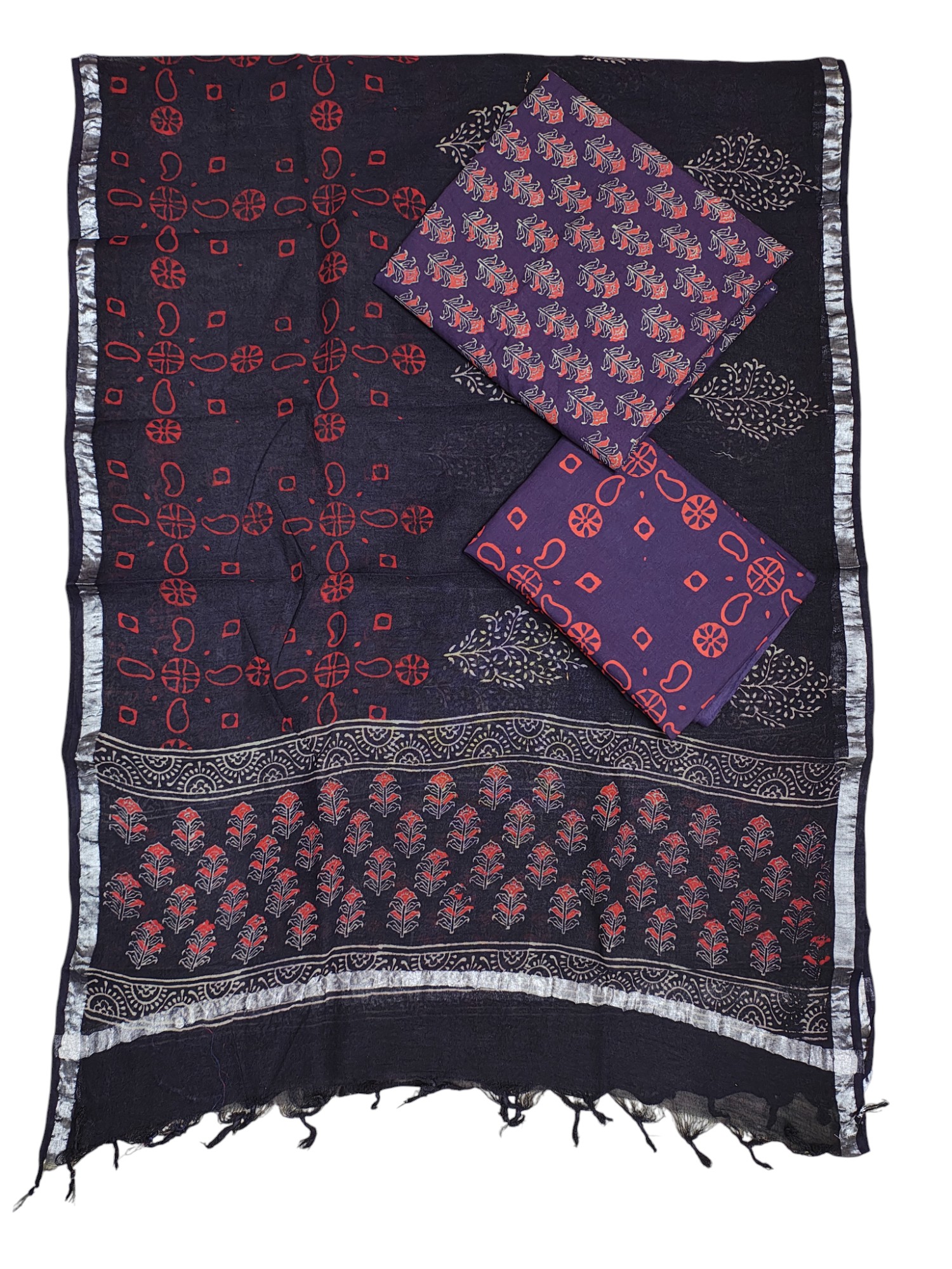 Purple Ajrakh Print Cotton Dress Materials with Linen Dupatta Purple Ajrakh Print Cotton Dress Materials with Linen Dupatta