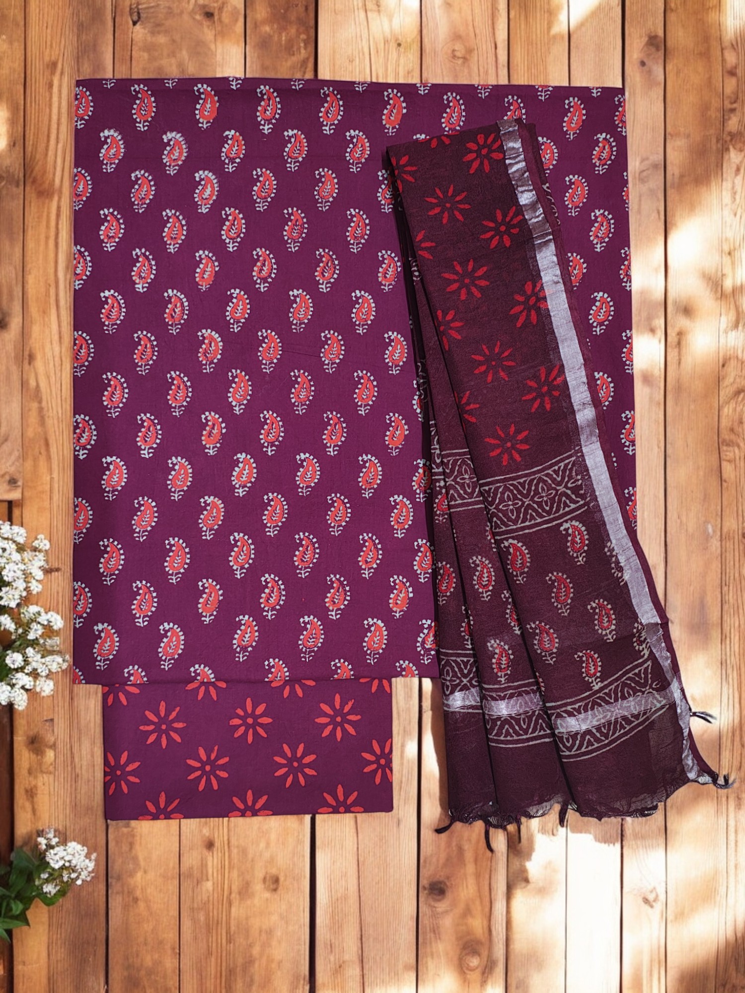 Wine Ajrakh Print Unstitched Suit Set with Linen Dupatta for Women