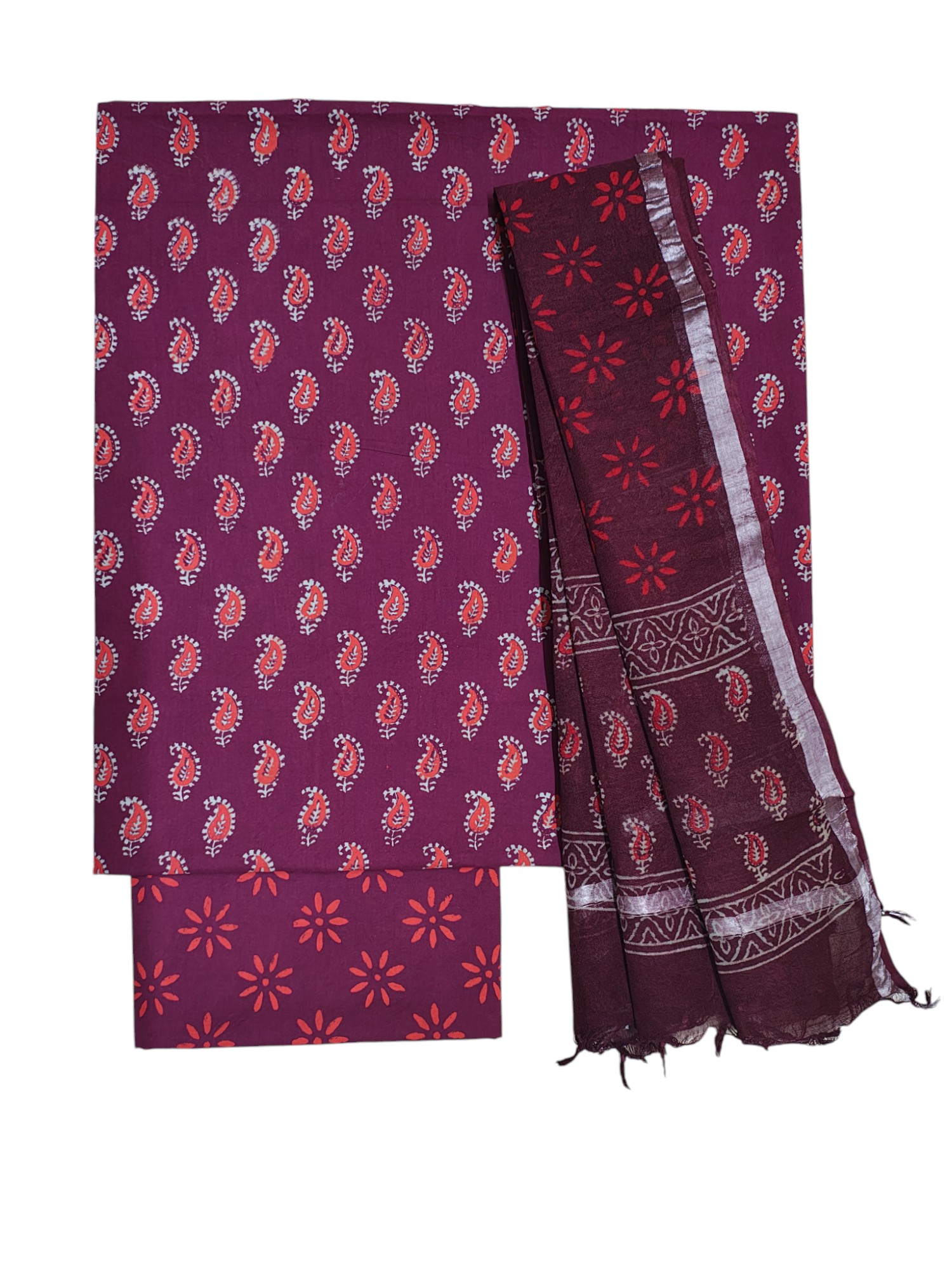 Wine Ajrakh Print Unstitched Suit Set with Linen Dupatta for Women