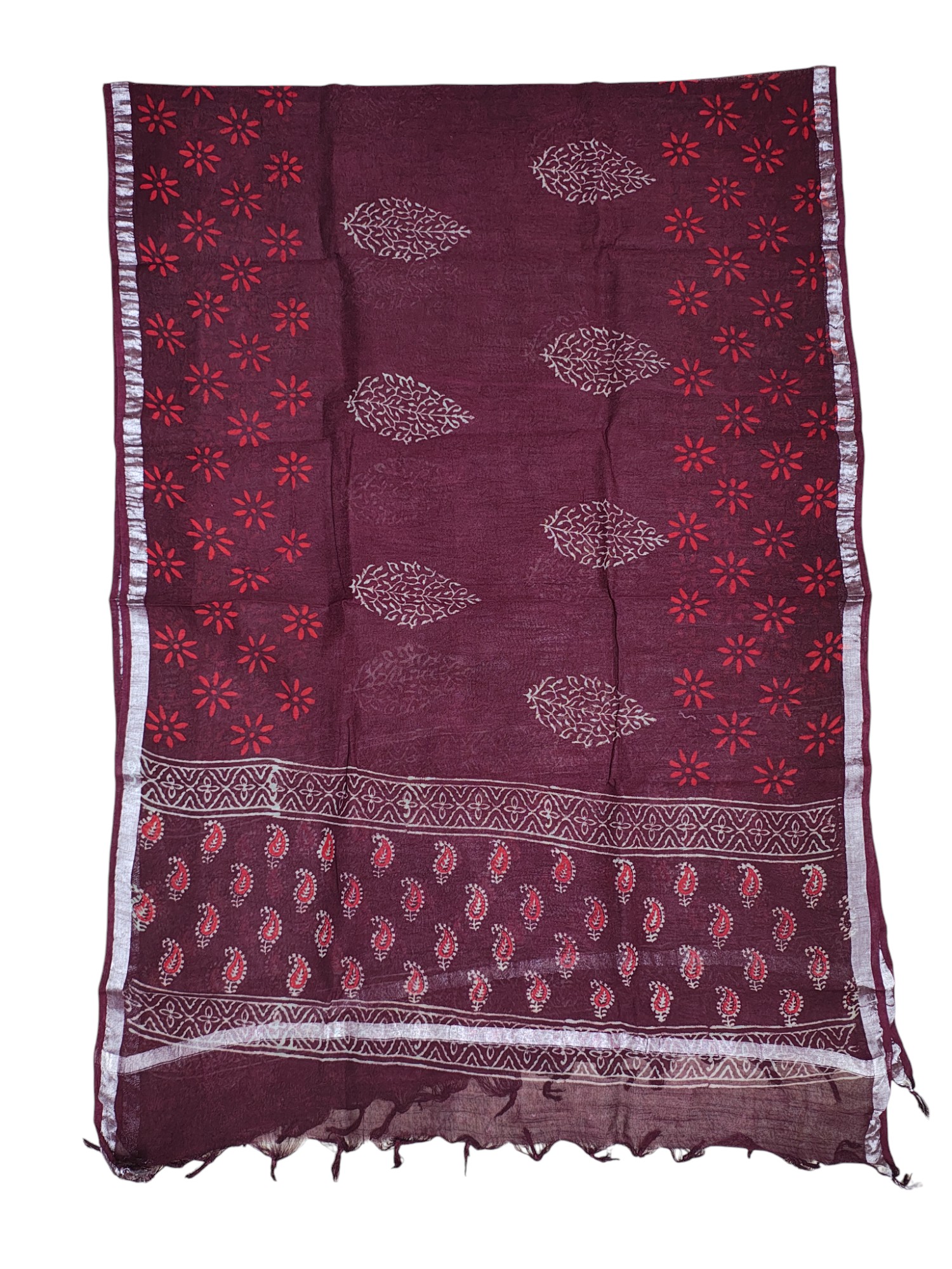 Wine Ajrakh Print Unstitched Suit Set with Linen Dupatta for Women