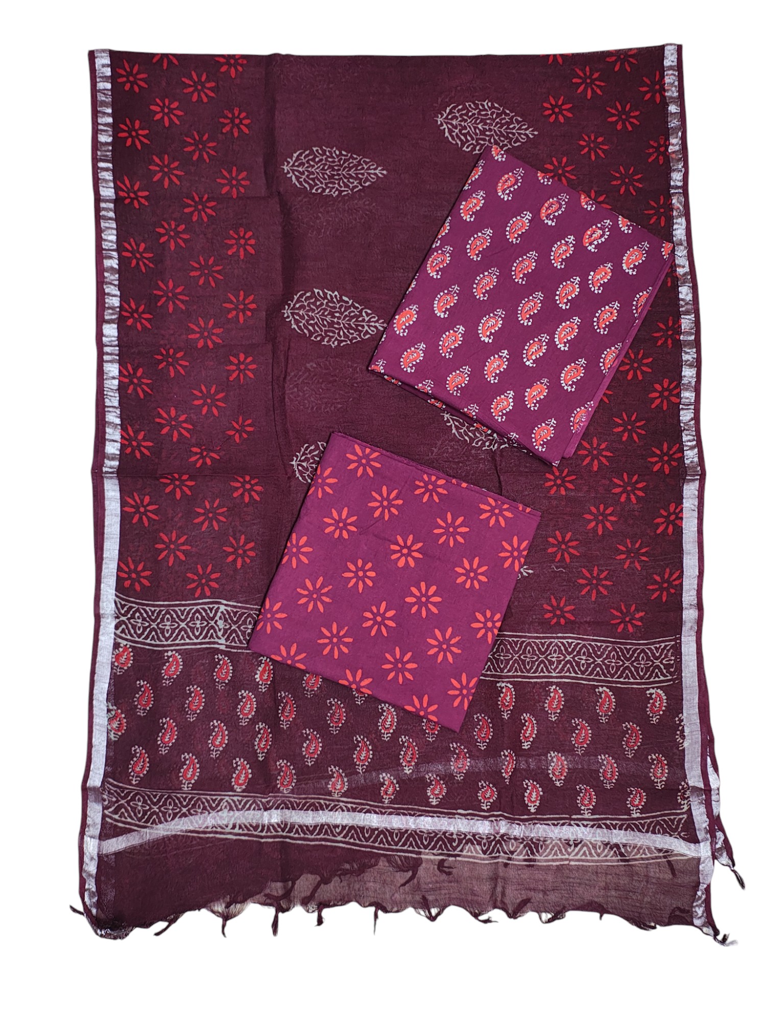Wine Ajrakh Print Unstitched Suit Set with Linen Dupatta for Women