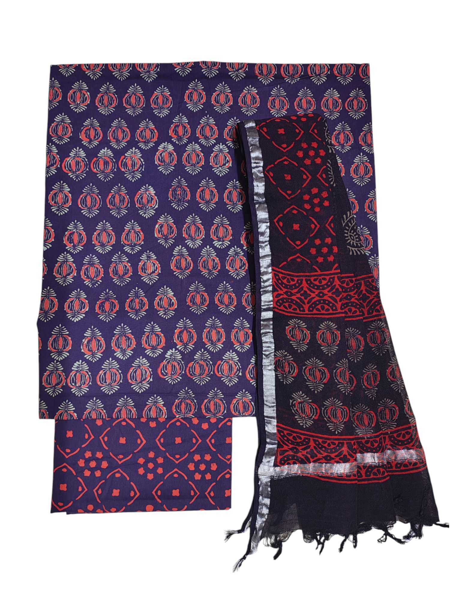 Purple Ajrakh Print Pure Cotton Dress Materials with Linen Dupatta