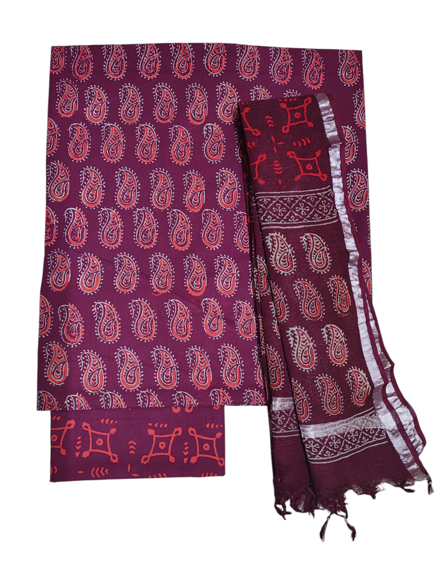 Wine Ajrakh Print Pure Cotton Unstitched Suit Set with Linen Dupatta for Women Wine Ajrakh Print Pure Cotton Unstitched Suit Set with Linen Dupatta for Women