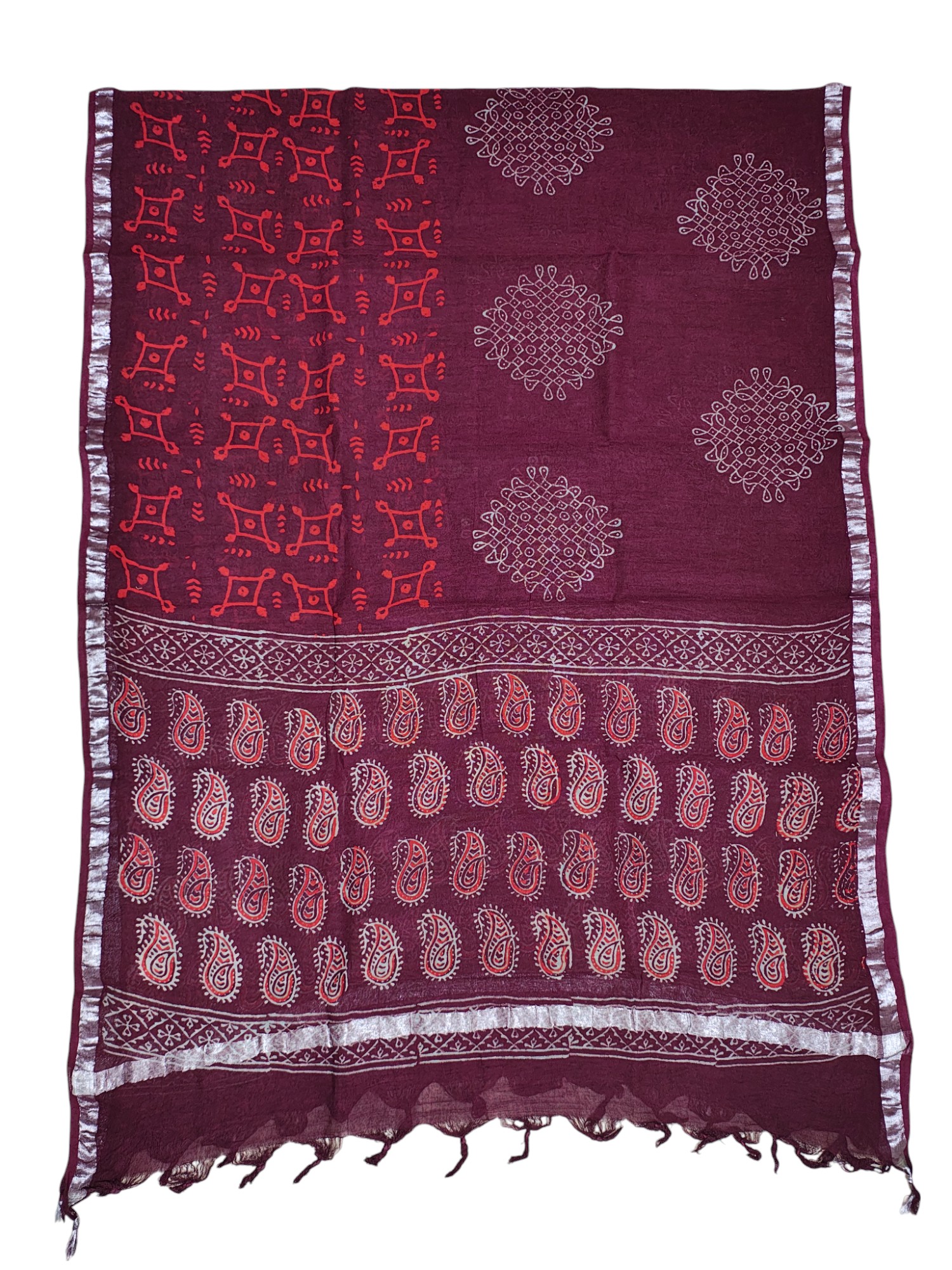 Wine Ajrakh Print Pure Cotton Unstitched Suit Set with Linen Dupatta for Women Wine Ajrakh Print Pure Cotton Unstitched Suit Set with Linen Dupatta for Women