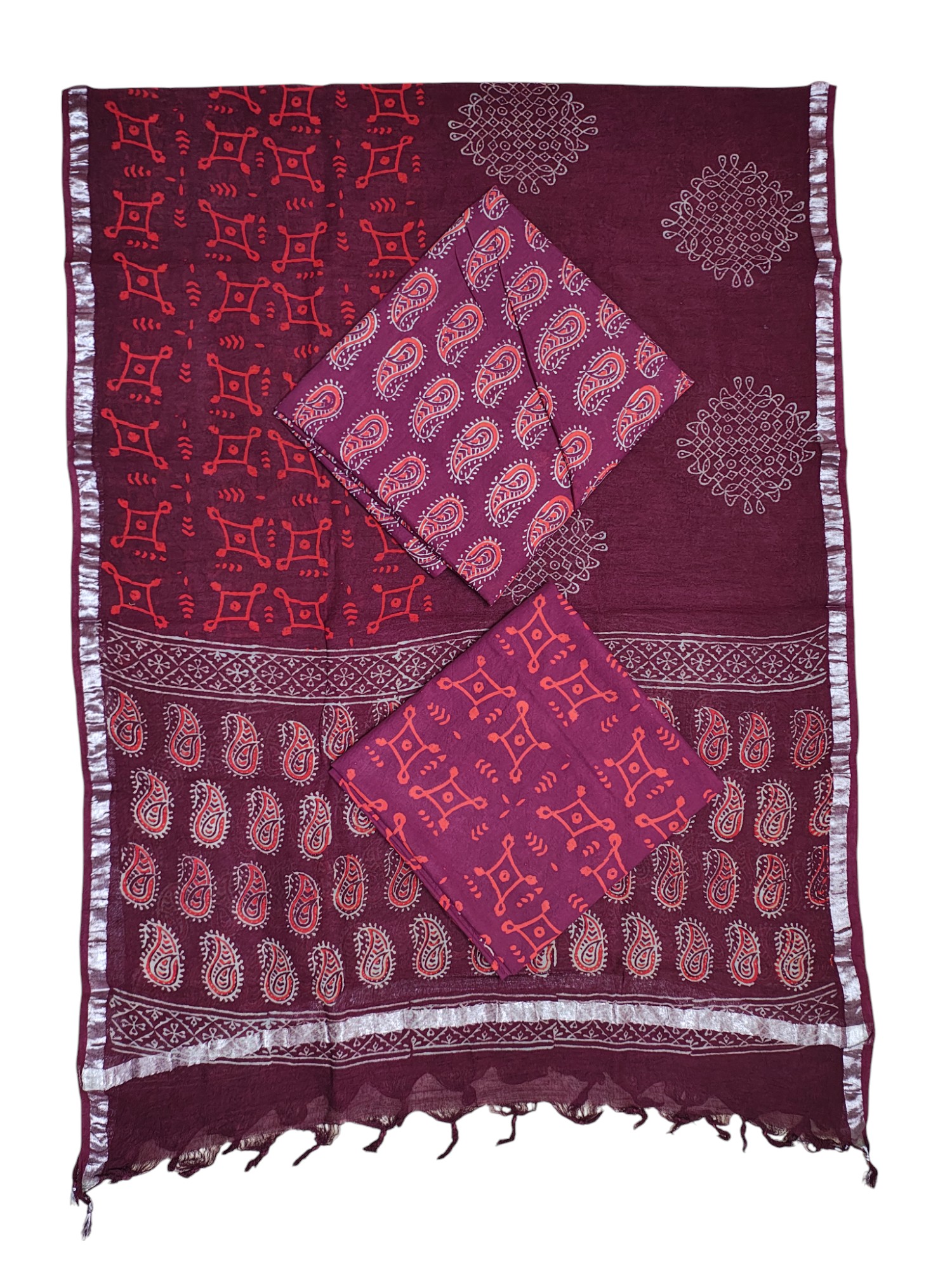 Wine Ajrakh Print Pure Cotton Unstitched Suit Set with Linen Dupatta for Women Wine Ajrakh Print Pure Cotton Unstitched Suit Set with Linen Dupatta for Women