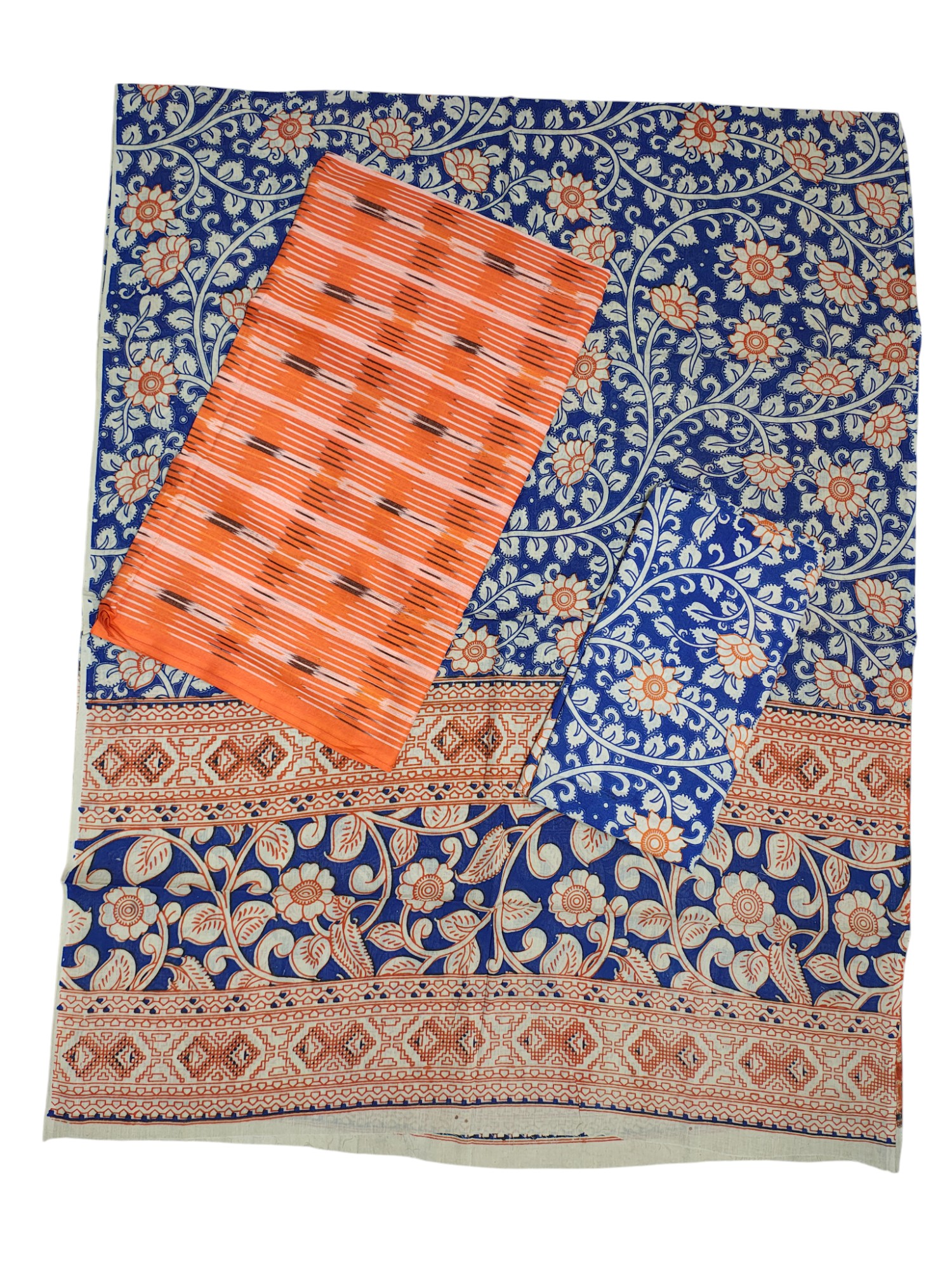 Orange Ikkat Kalamkari Unstitched Salwar Suit Set with Dupatta