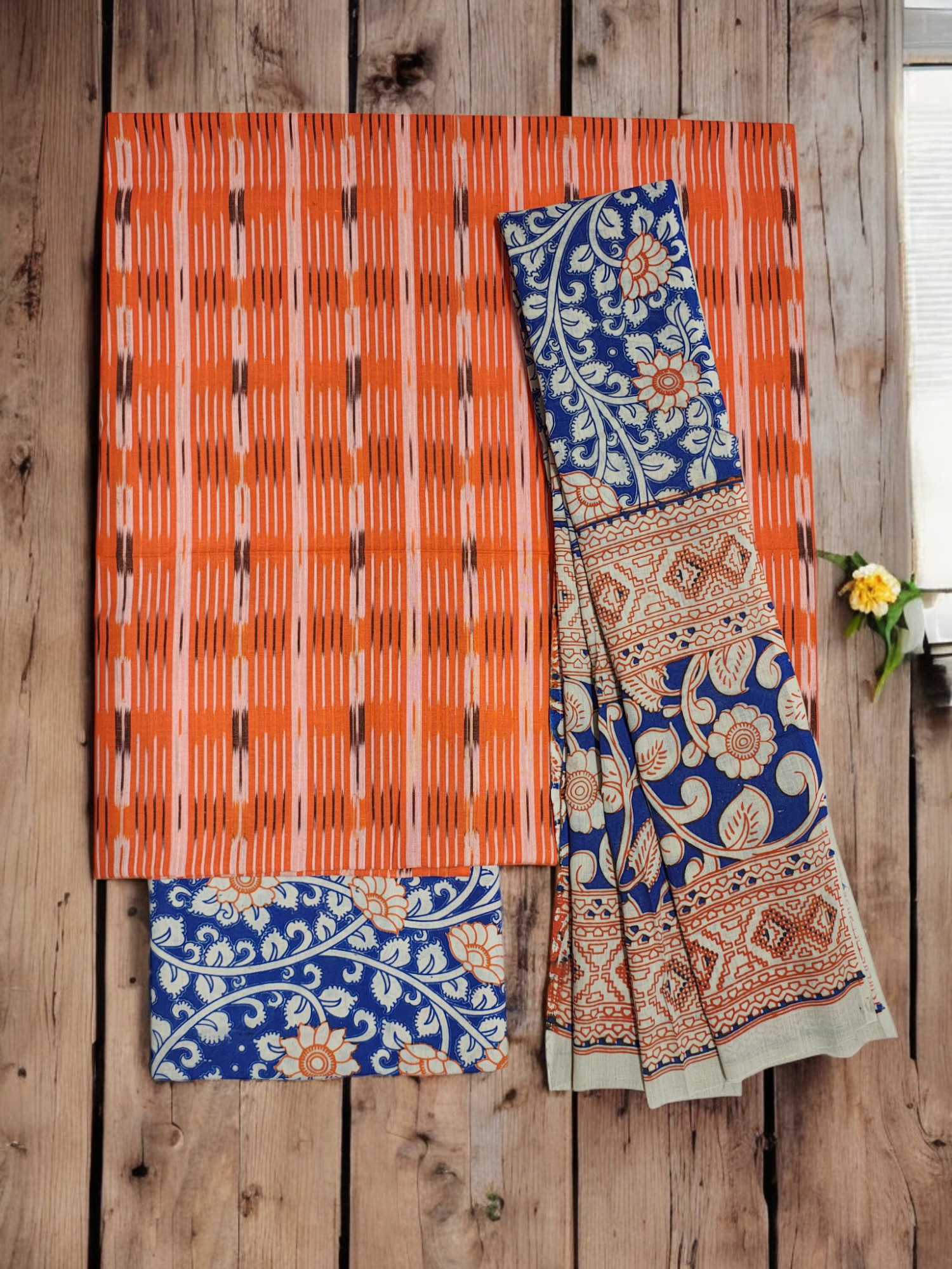 Orange Ikkat Kalamkari Unstitched Salwar Suit Set with Dupatta