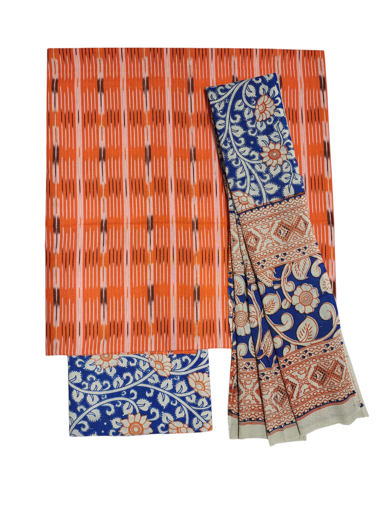 Orange Ikkat Kalamkari Unstitched Salwar Suit Set with Dupatta
