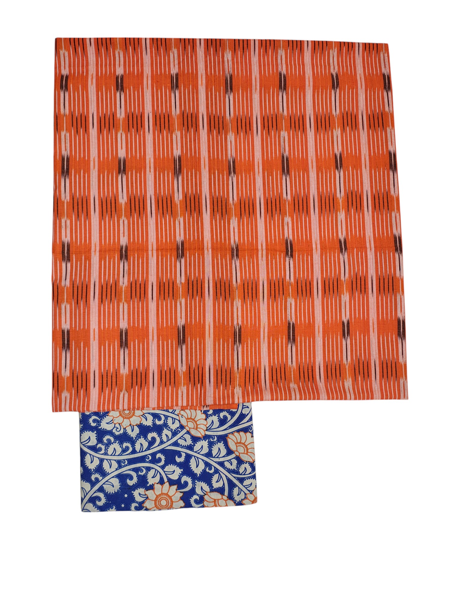 Orange Ikkat Kalamkari Unstitched Salwar Suit Set with Dupatta