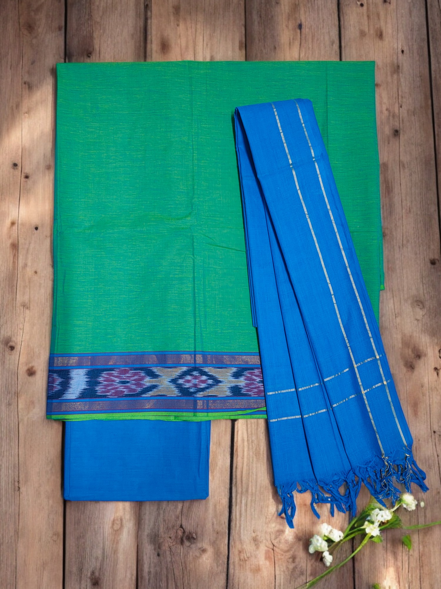 Green & Blue Handloom Mangalagiri Cotton Plain Unstitched Salwar Suit with Ikkat Border for Women