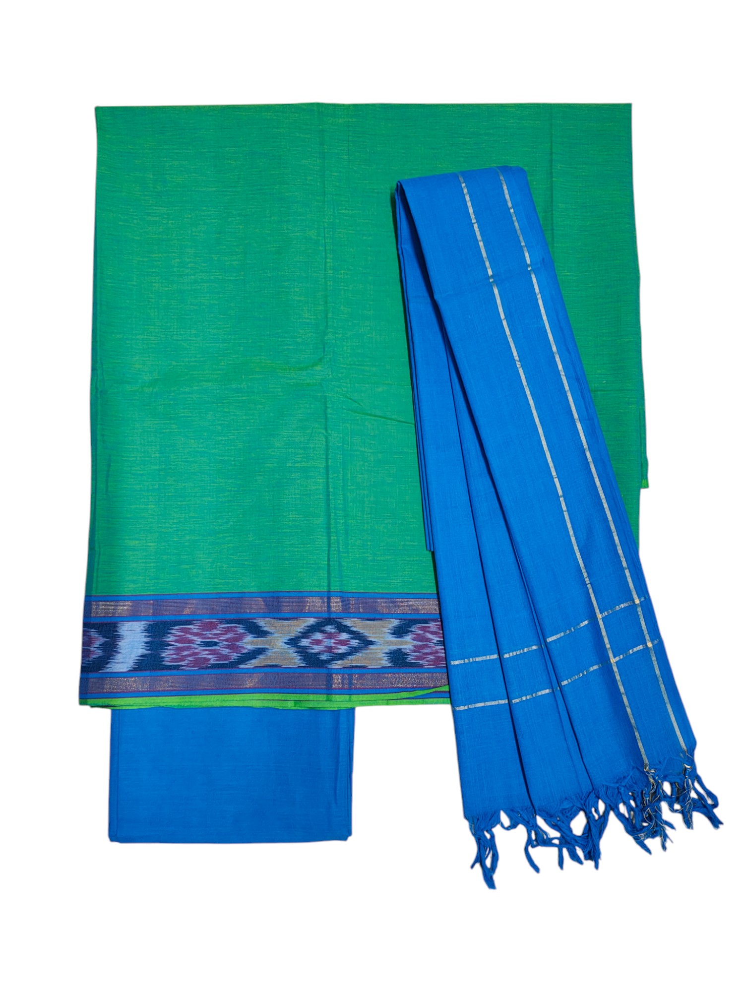 Green & Blue Handloom Mangalagiri Cotton Plain Unstitched Salwar Suit with Ikkat Border for Women Green & Blue Handloom Mangalagiri Cotton Plain Unstitched Salwar Suit with Ikkat Border for Women