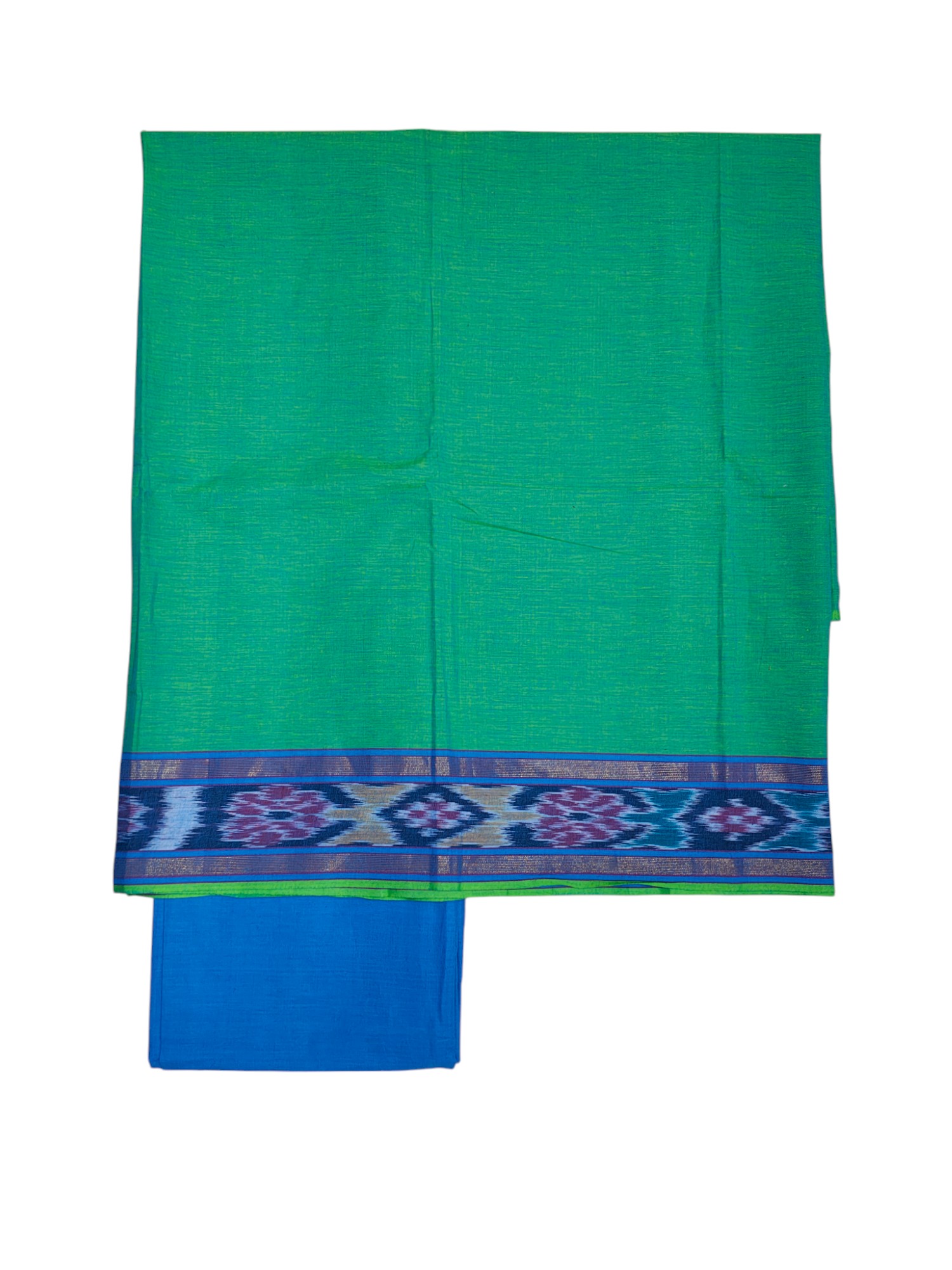 Green & Blue Handloom Mangalagiri Cotton Plain Unstitched Salwar Suit with Ikkat Border for Women Green & Blue Handloom Mangalagiri Cotton Plain Unstitched Salwar Suit with Ikkat Border for Women