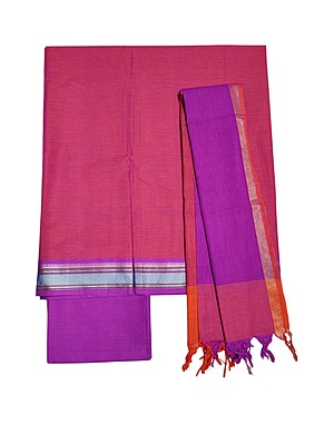 Purple & Pink Handloom Mangalagiri Cotton Solid Unstitched Salwar Suit Set with Dupatta for Women