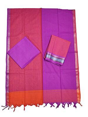 Purple & Pink Handloom Mangalagiri Cotton Solid Unstitched Salwar Suit Set with Dupatta for Women