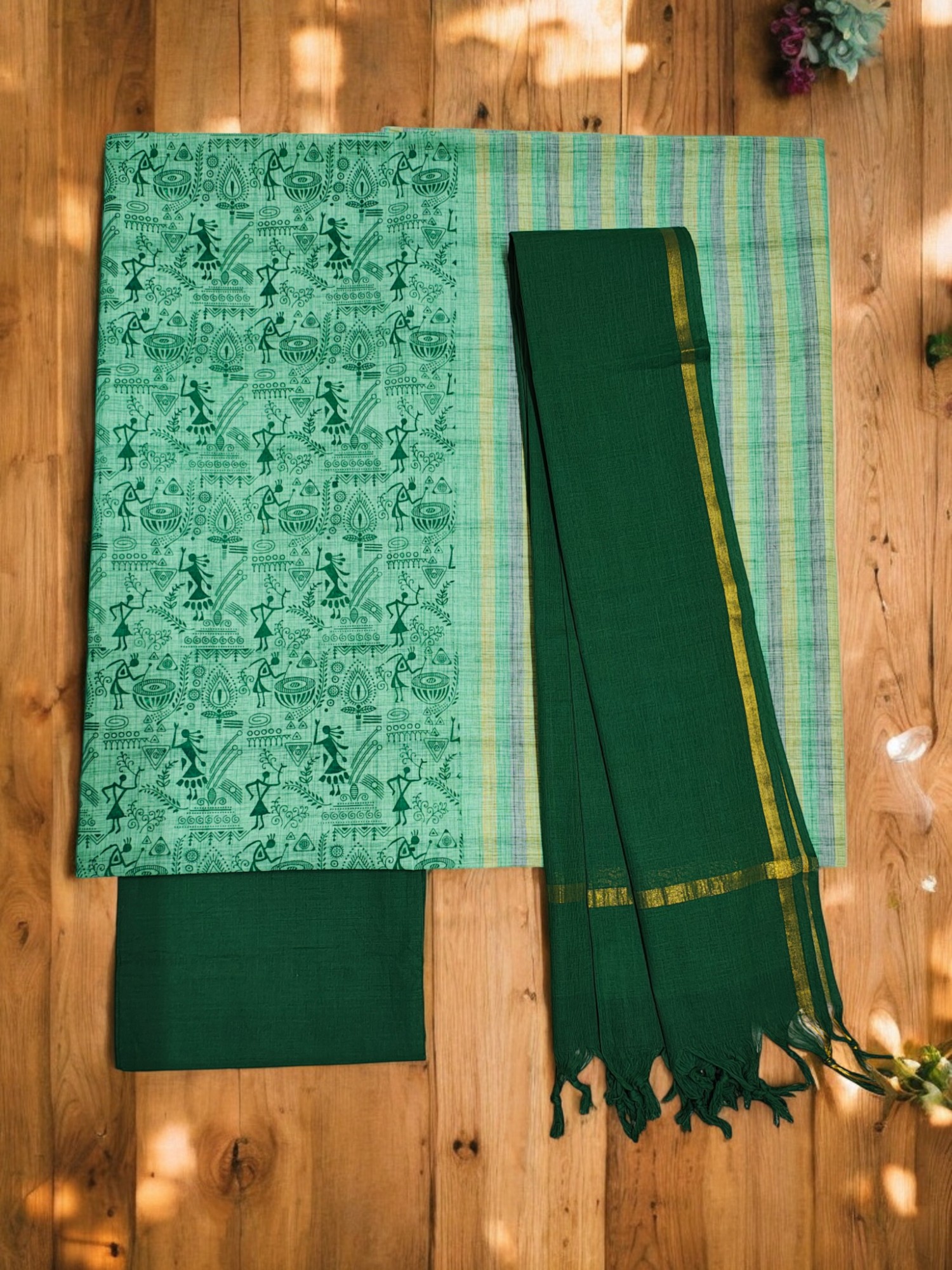 Green South Cotton Unstitched Salwar Suit Set with Dupatta for Women