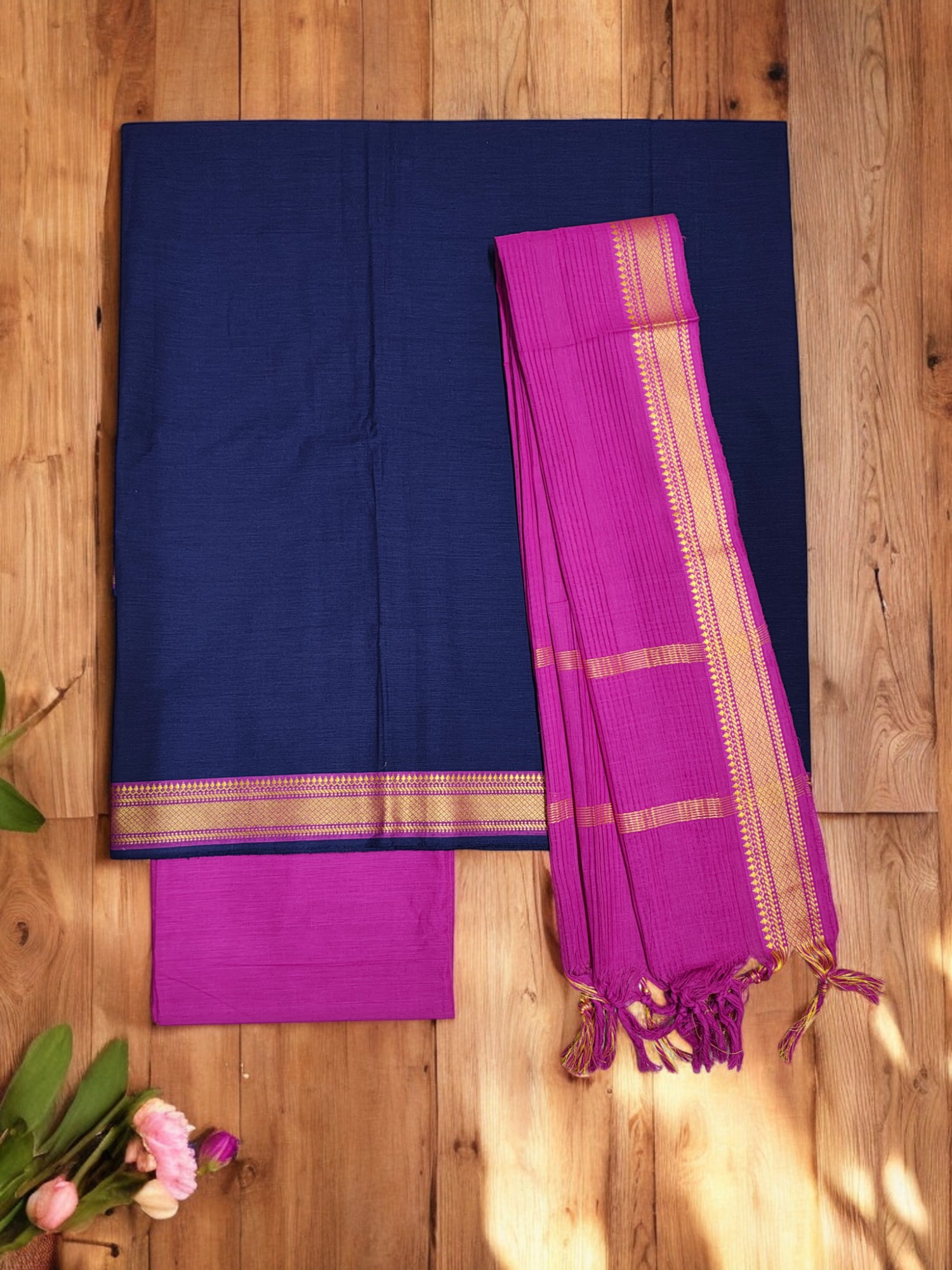 Pink & Navy Blue Mangalagiri Cotton Unstitched Salwar Suit Set with Dupatta for Women