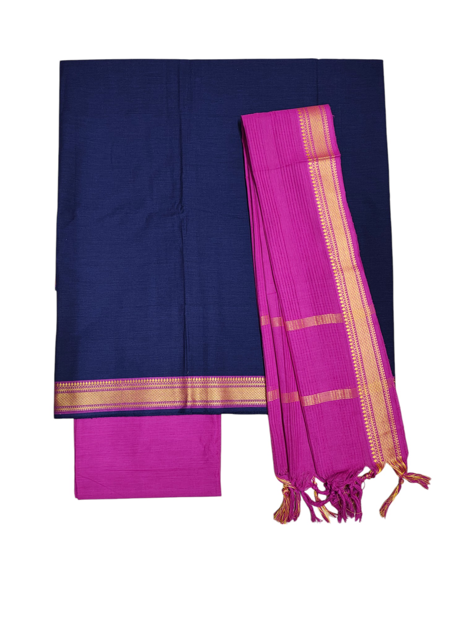 Pink & Navy Blue Mangalagiri Cotton Unstitched Salwar Suit Set with Dupatta for Women