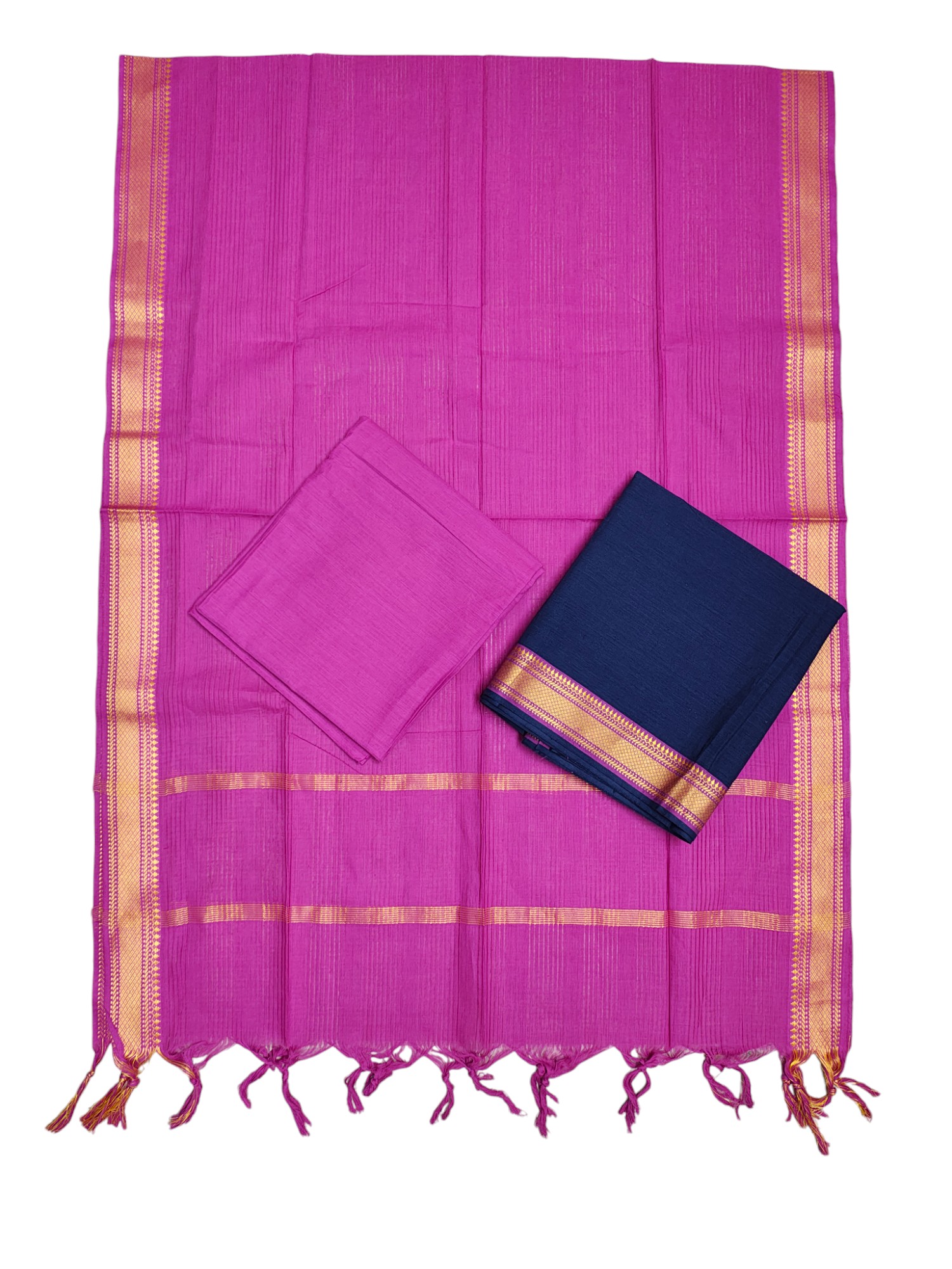 Pink & Navy Blue Mangalagiri Cotton Unstitched Salwar Suit Set with Dupatta for Women