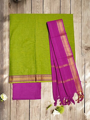 Green & Pink Mangalagiri Cotton Unstitched Salwar Suit Set with Dupatta for Women