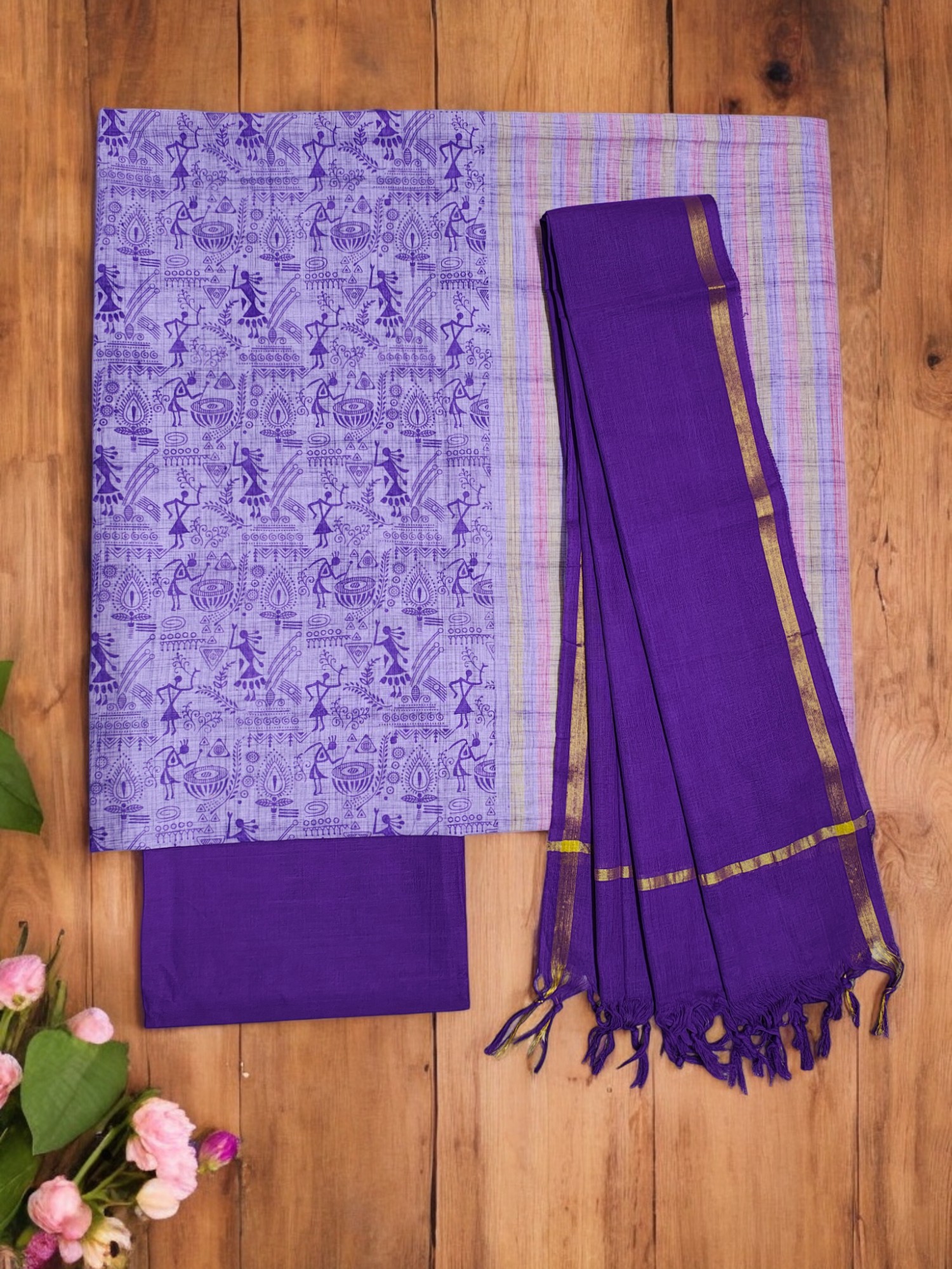 Lavender Handloom South Cotton Unstitched Salwar Suit Set with Dupatta for Women