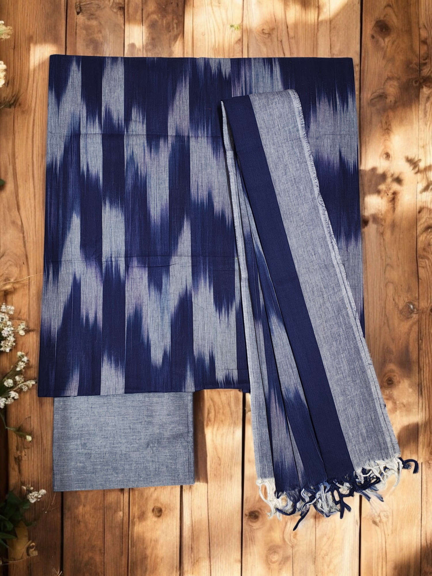 NavyBlue Ikkat Cotton Unstitched Salwar Suit Dress Material with Dupatta