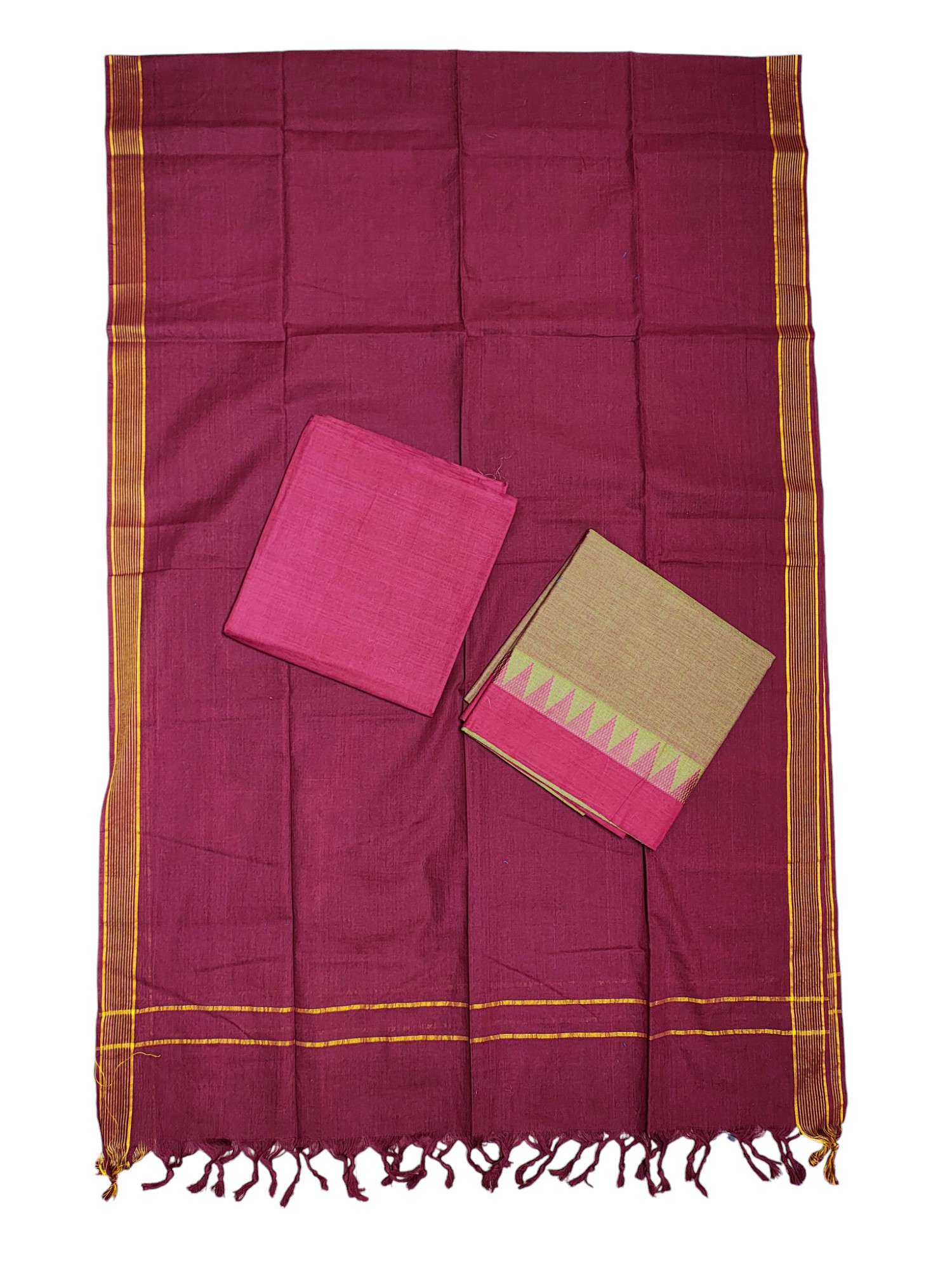 Maroon & Green Handloom Mangalagiri Cotton Plain Unstitched Salwar Suit with Temple Border for Women Maroon & Green Handloom Mangalagiri Cotton Plain Unstitched Salwar Suit with Temple Border for Women