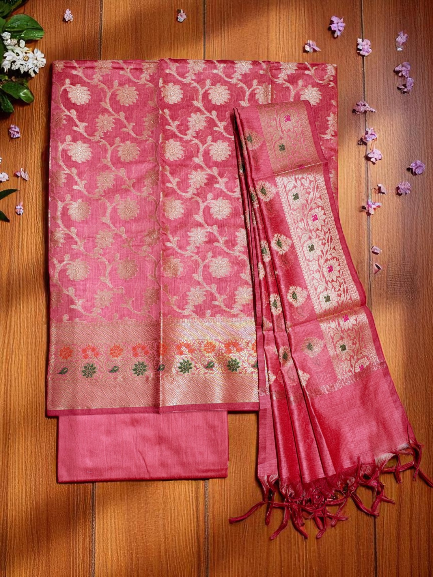 Peach Unstitched Banarasi Cotton Silk Dress Material for Women