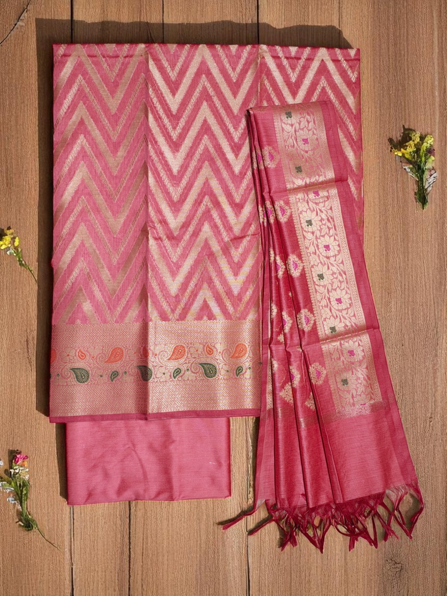 Pink Unstitched Banarasi Cotton Silk Salwar Suit Set with Dupatta for Women