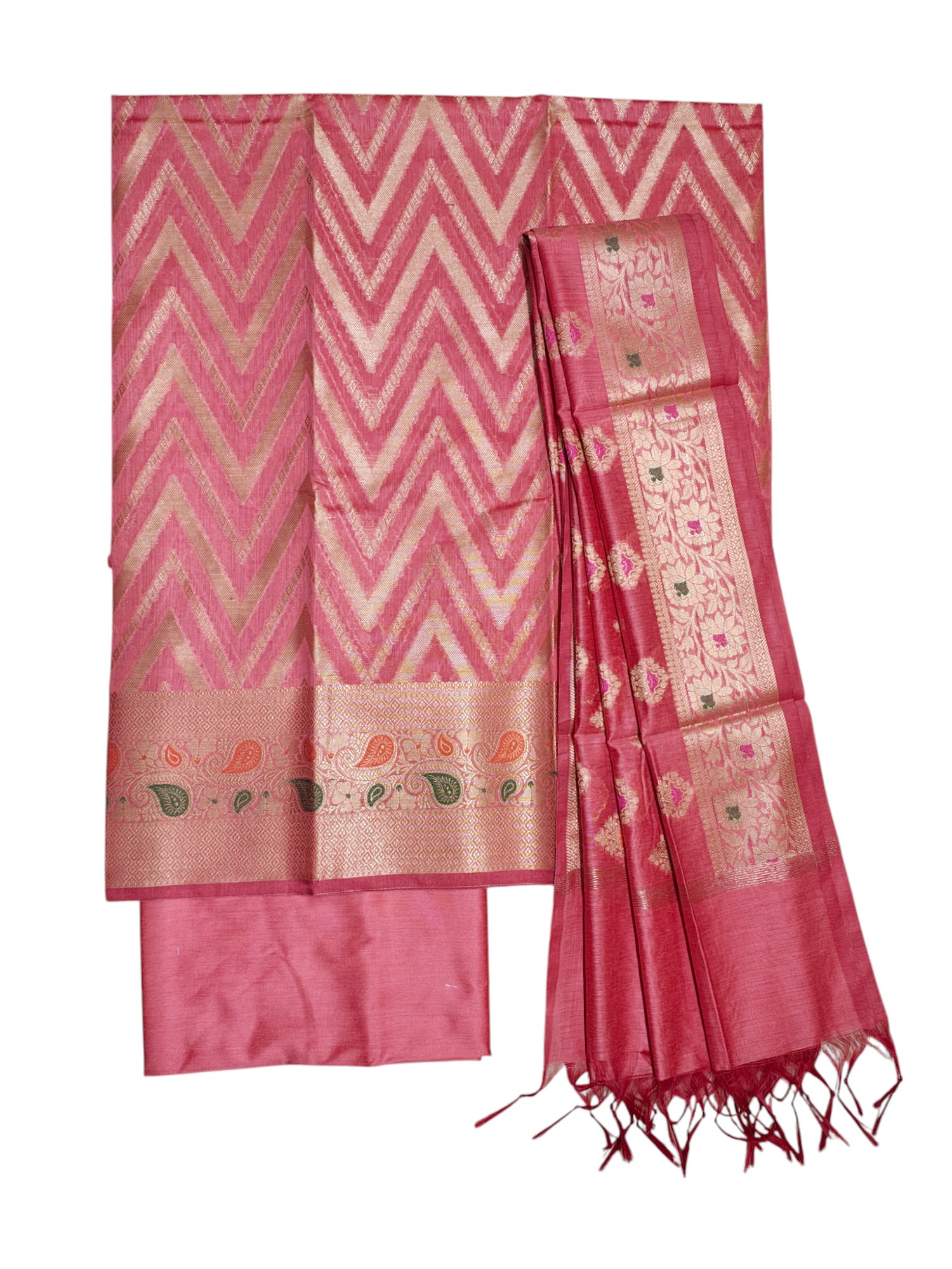 Pink Unstitched Banarasi Cotton Silk Salwar Suit Set with Dupatta for Women Pink Unstitched Banarasi Cotton Silk Salwar Suit Set with Dupatta for Women