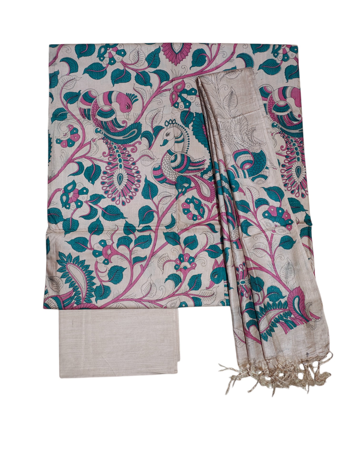 Green & Beige kalamkari Unstitched Silk Salwar Suit Dress Material with Dupatta Green & Beige kalamkari Unstitched Silk Salwar Suit Dress Material with Dupatta