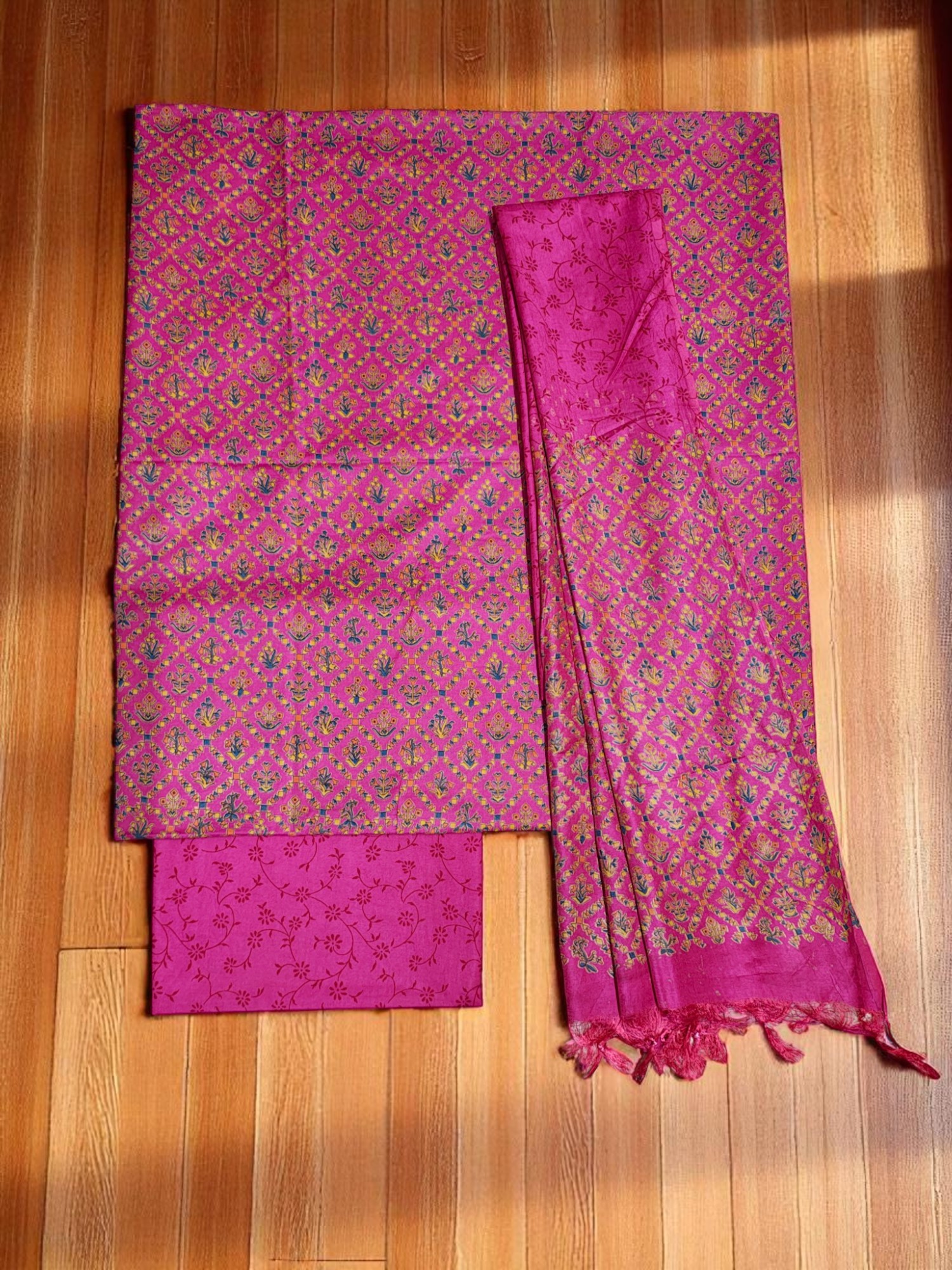 Deep Pink Unstitched Block Print Silk Salwar Suit Dress Material with Dupatta