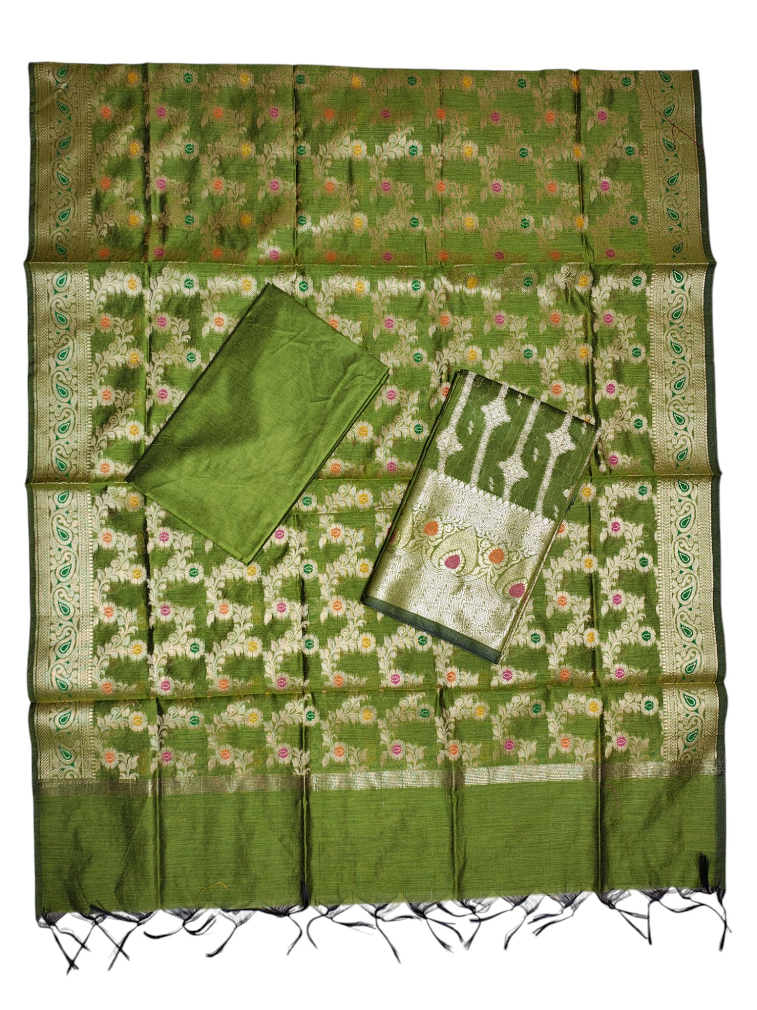 Olive Green Banarasi Cotton Silk Dress Material for Women Olive Green Banarasi Cotton Silk Dress Material for Women