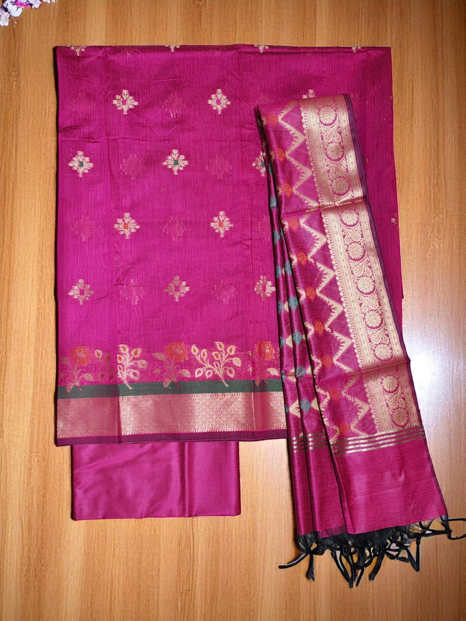 Dark Pink Unstitched Banarasi Cotton Silk Dress Material for Women
