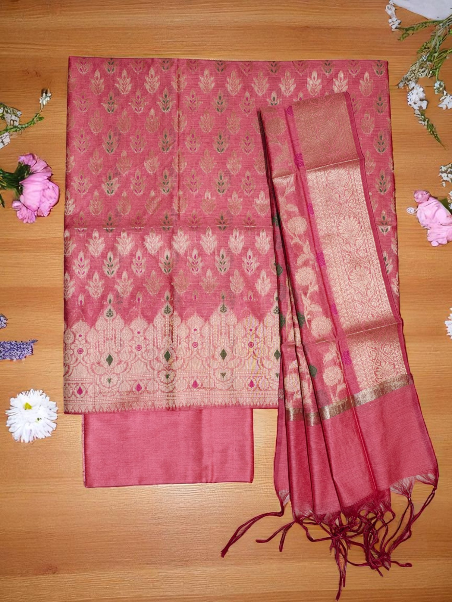Peach Unstitched Banarasi Cotton Dress Material with Dupatta for Women