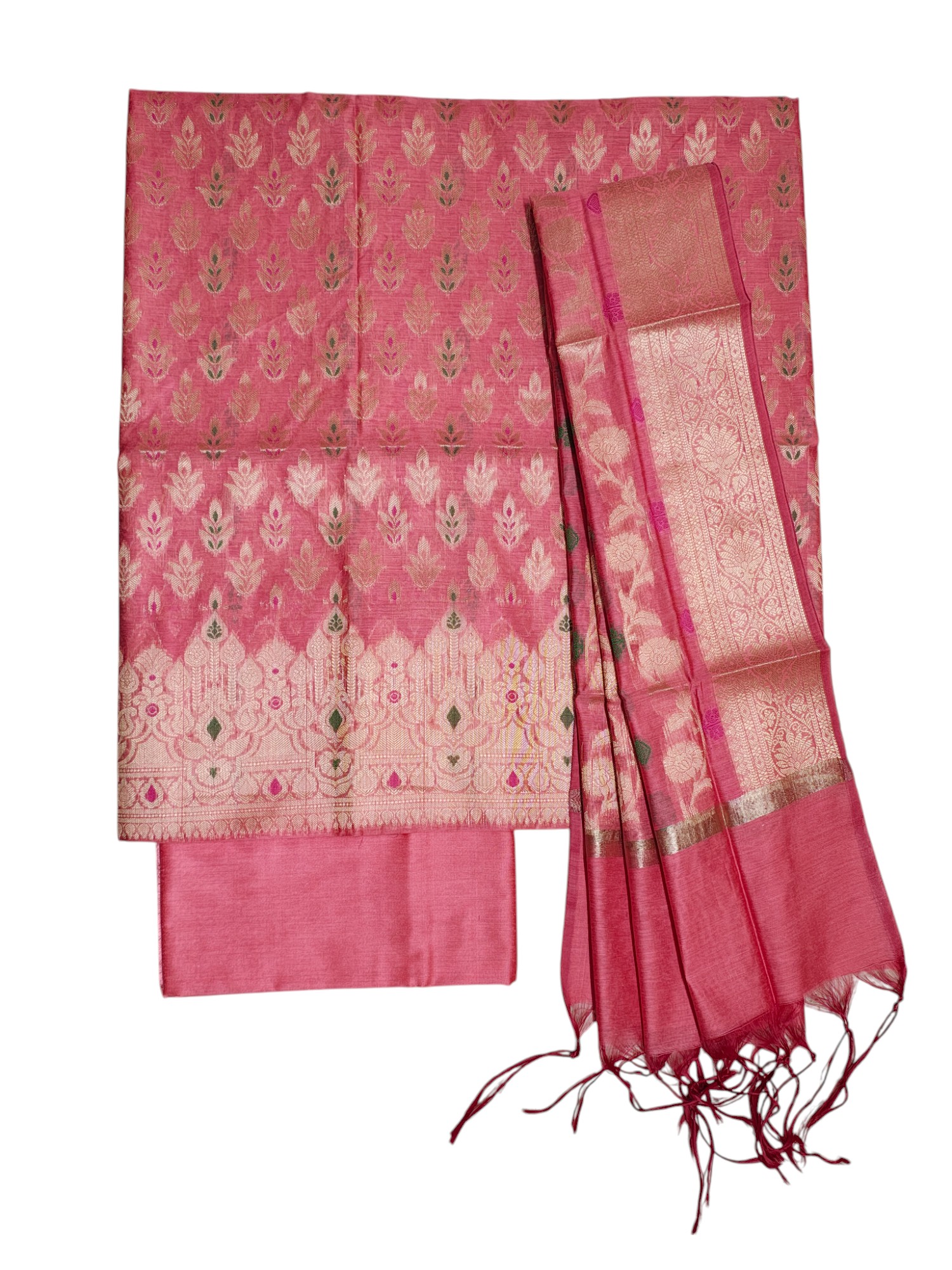Peach Unstitched Banarasi Cotton Dress Material with Dupatta for Women Peach Unstitched Banarasi Cotton Dress Material with Dupatta for Women