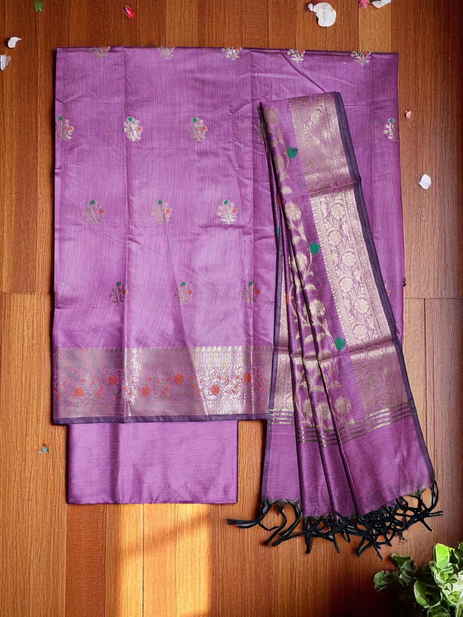 Plum Banarasi Cotton Silk Dress Material for Women