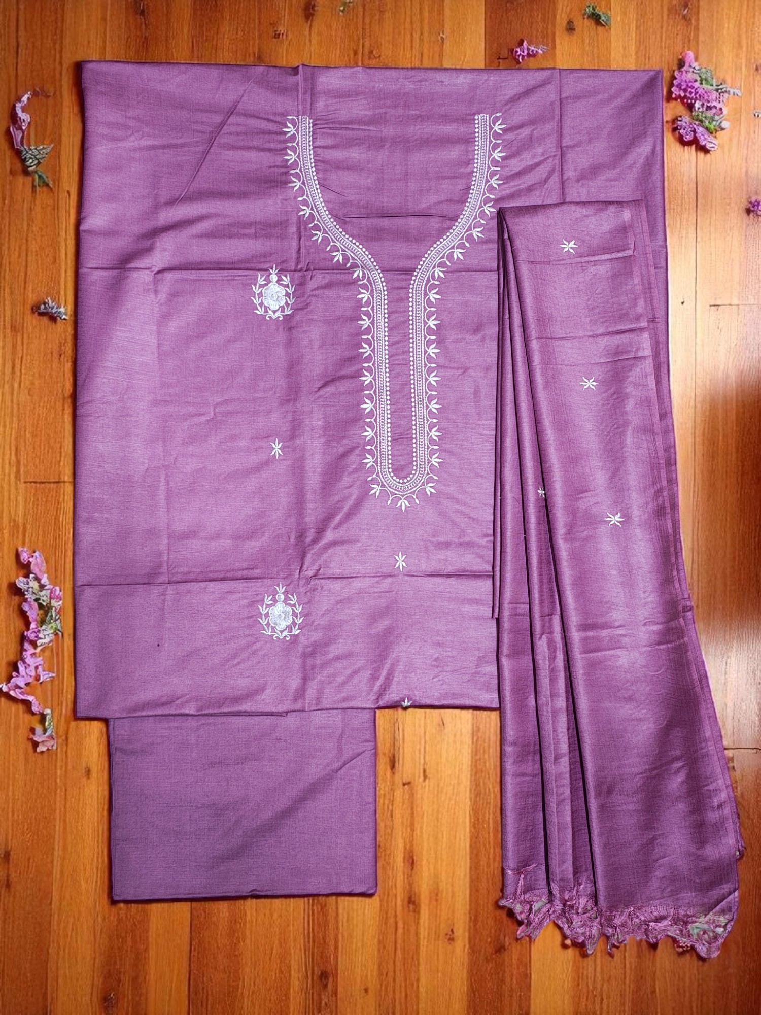Plum Embroidery Unstitched Salwar Suit Set with Dupatta