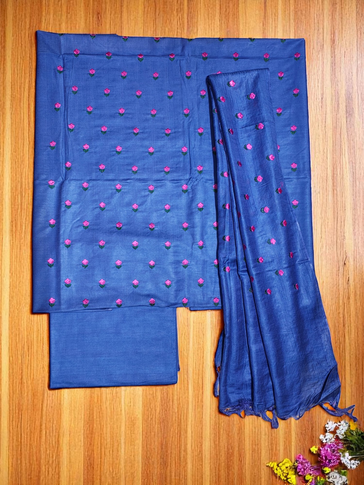 Blue Embroidery Unstitched Salwar Suit Set with Dupatta