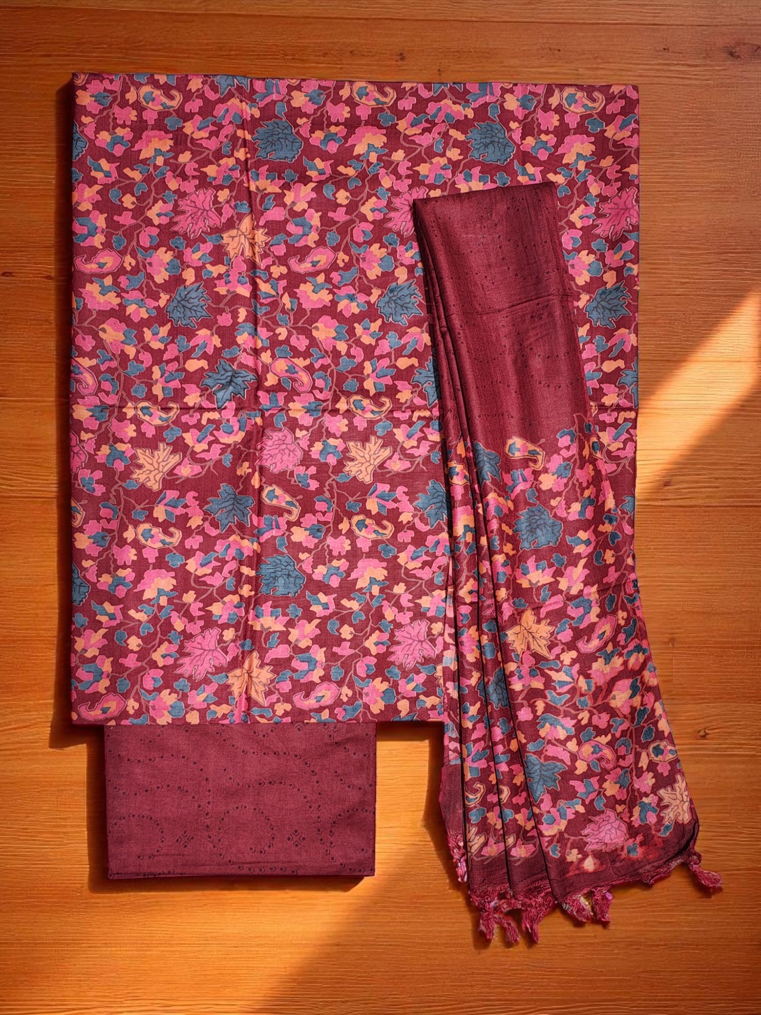 Maroon Ajrakh Block Print Silk Dress Material with Dupatta