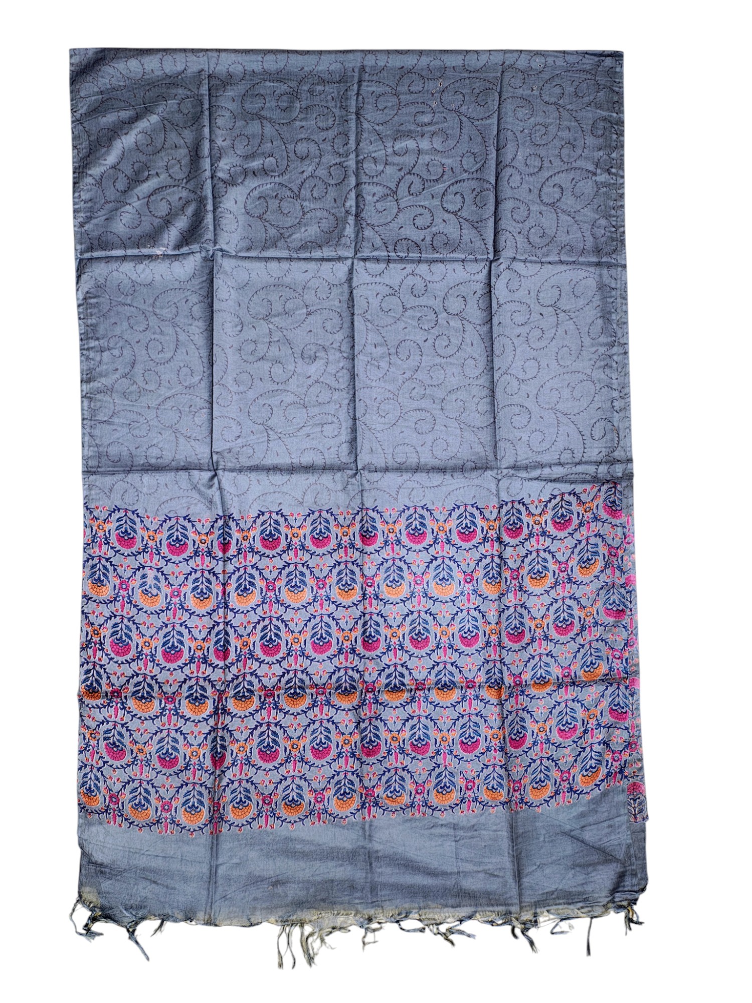 Grey Ajrakh Block Print Silk Dress Material with Dupatta Grey Ajrakh Block Print Silk Dress Material with Dupatta