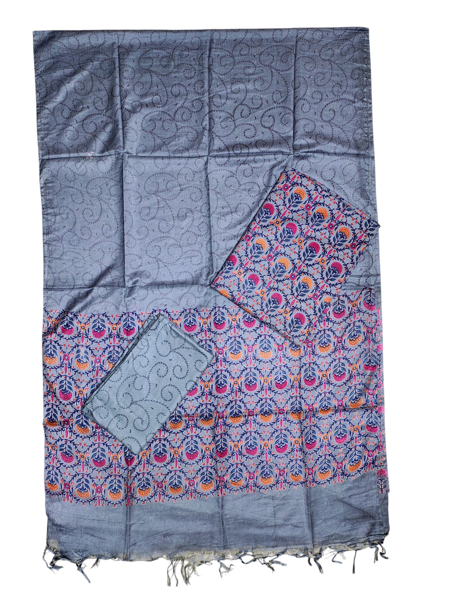 Grey Ajrakh Block Print Silk Dress Material with Dupatta Grey Ajrakh Block Print Silk Dress Material with Dupatta