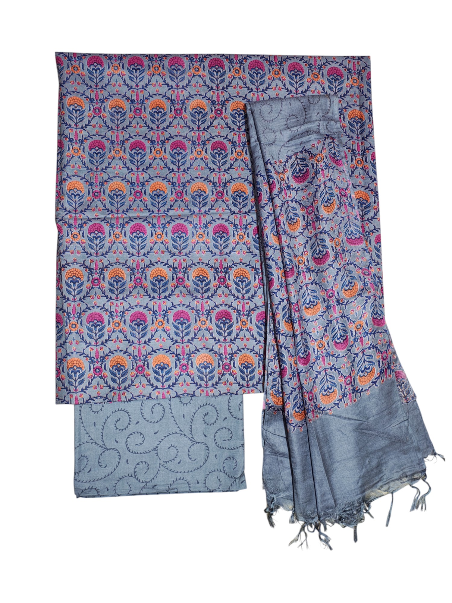 Grey Ajrakh Block Print Silk Dress Material with Dupatta Grey Ajrakh Block Print Silk Dress Material with Dupatta
