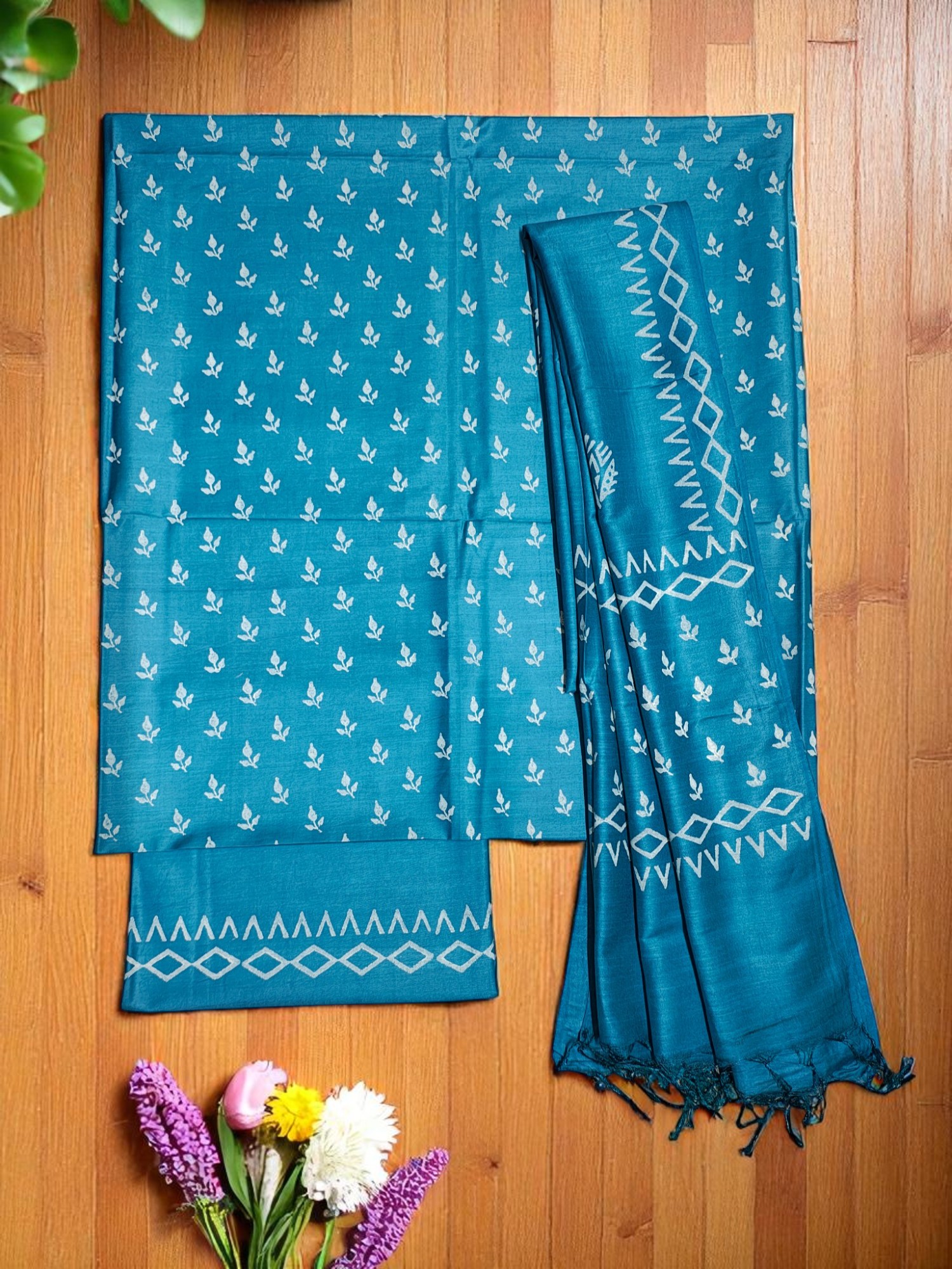 Firoza Unstitched Batik Print Silk Salwar Suit Dress Material with Dupatta