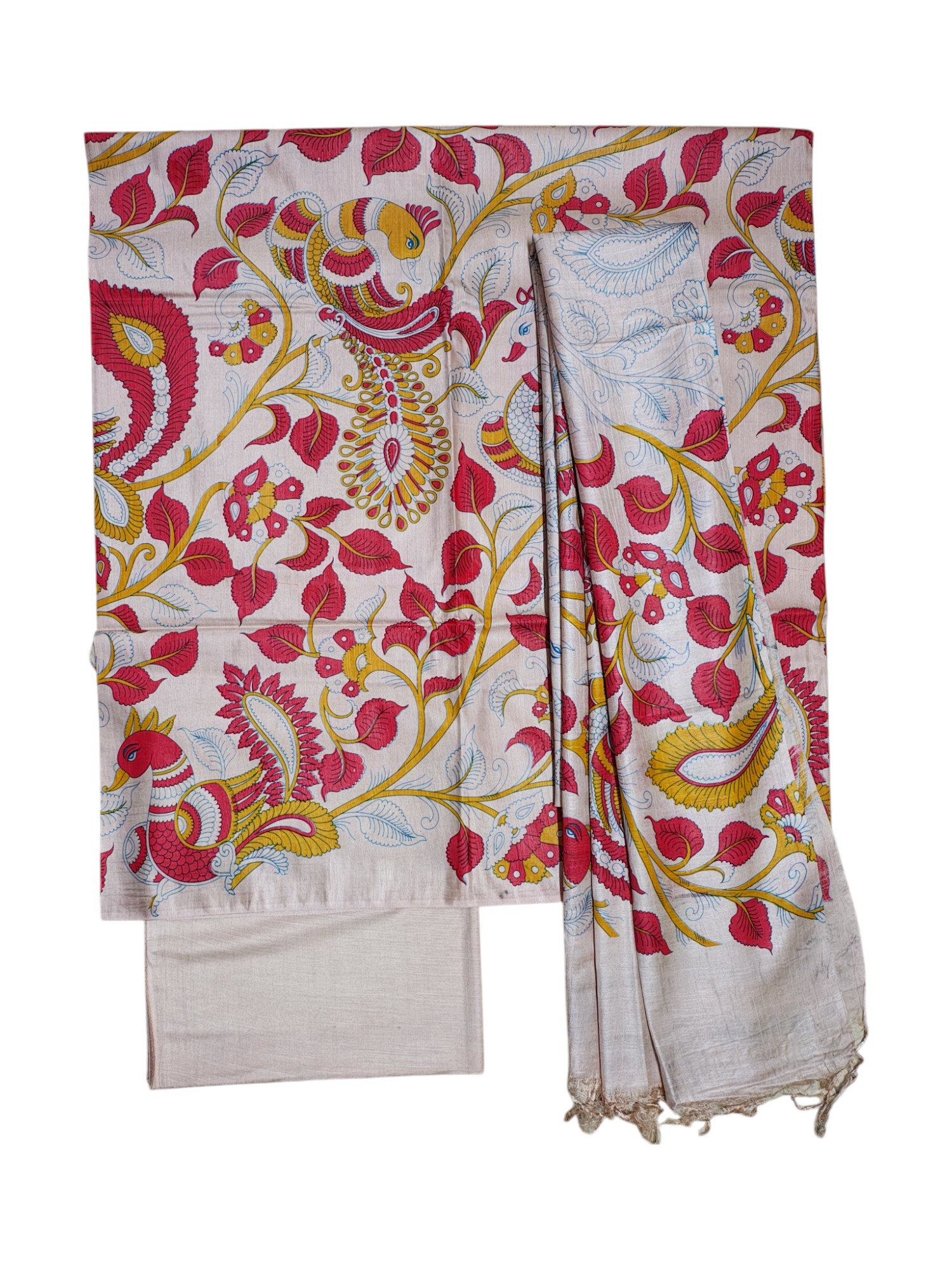 Red & Orange Madhubani Print Unstitched Katan Silk Salwar Suit with Dupatta Red & Orange Madhubani Print Unstitched Katan Silk Salwar Suit with Dupatta