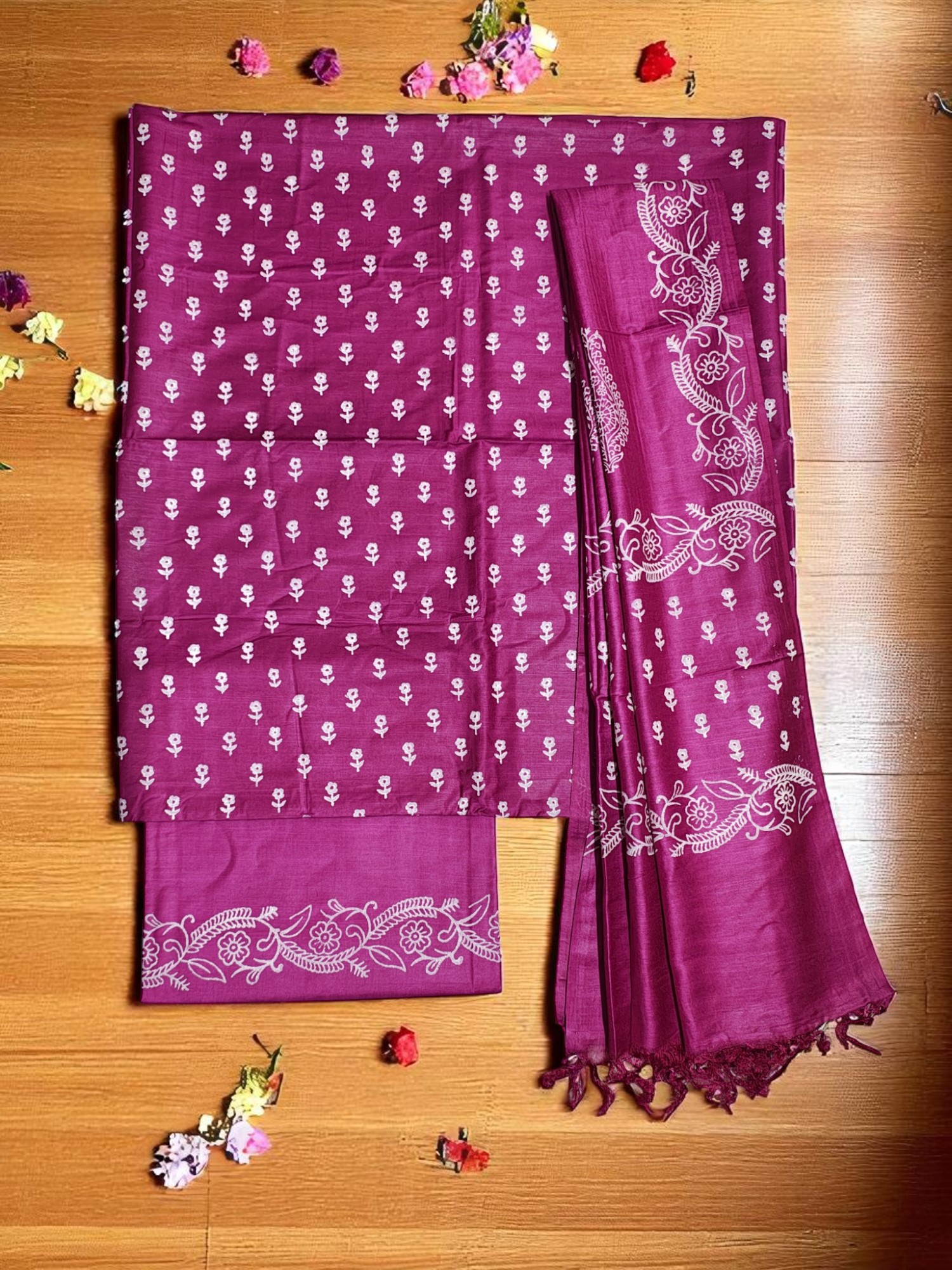 Block Print Dark Pink Unstitched Katan Silk Salwar Suit Dress Material with Dupatta