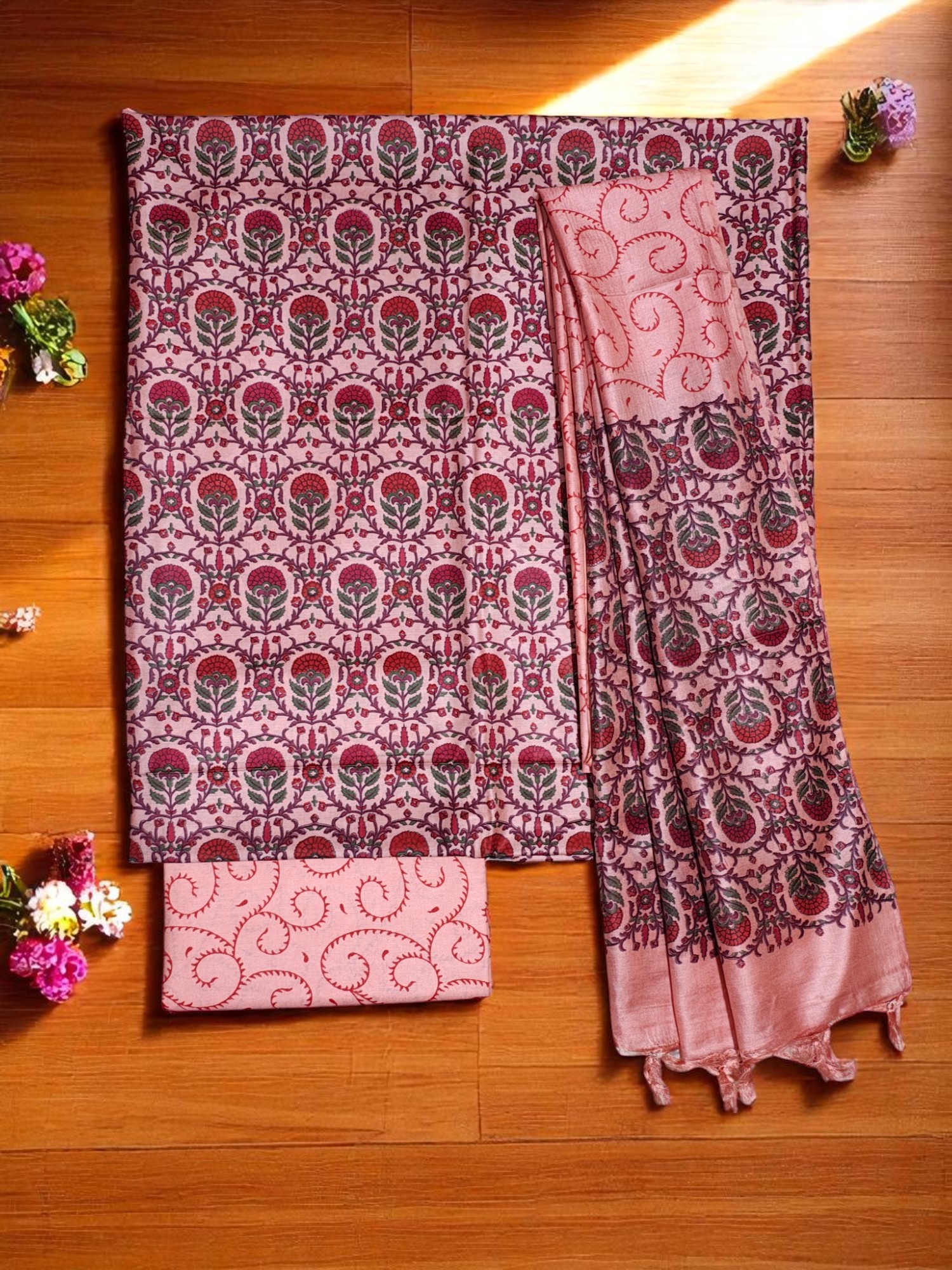 Peach Block Print Unstitched Silk Salwar Suit Dress Material with Dupatta