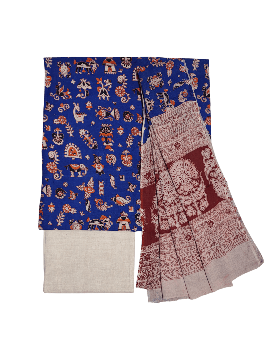 Multicolor - Natural Dyed Pedana Kalamkari Hand Block Print Cotton 3pc Unstitched Dress Material Suit Set 09