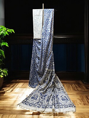 Indigo Kalamkari Cotton Silk Saree with Unstitched Blouse for Women