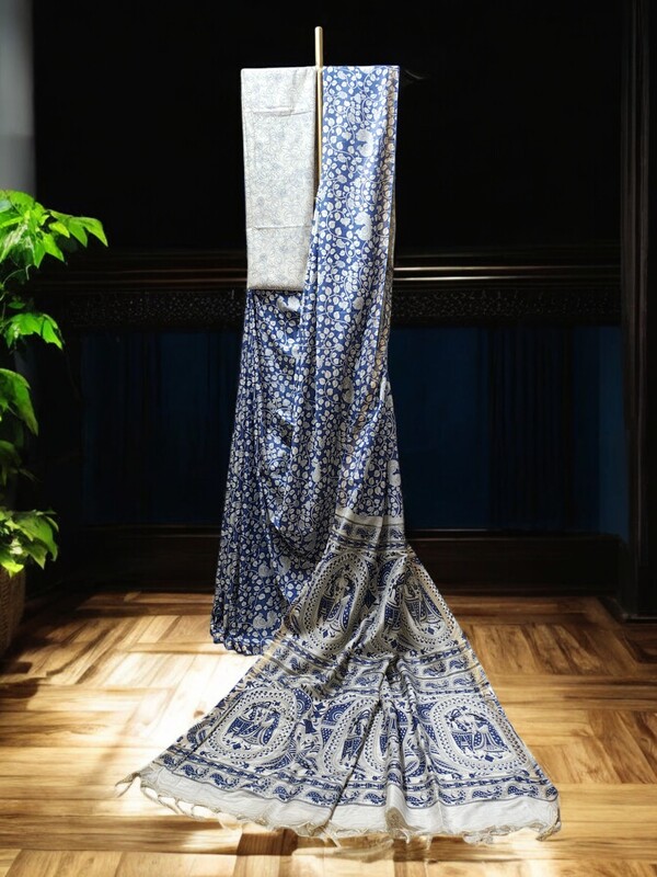 Indigo Kalamkari Cotton Silk Saree with Unstitched Blouse for Women Indigo Kalamkari Cotton Silk Saree with Unstitched Blouse for Women