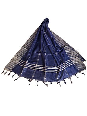 NavyBlue Striped Cotton Silk Dupatta with Temple Border